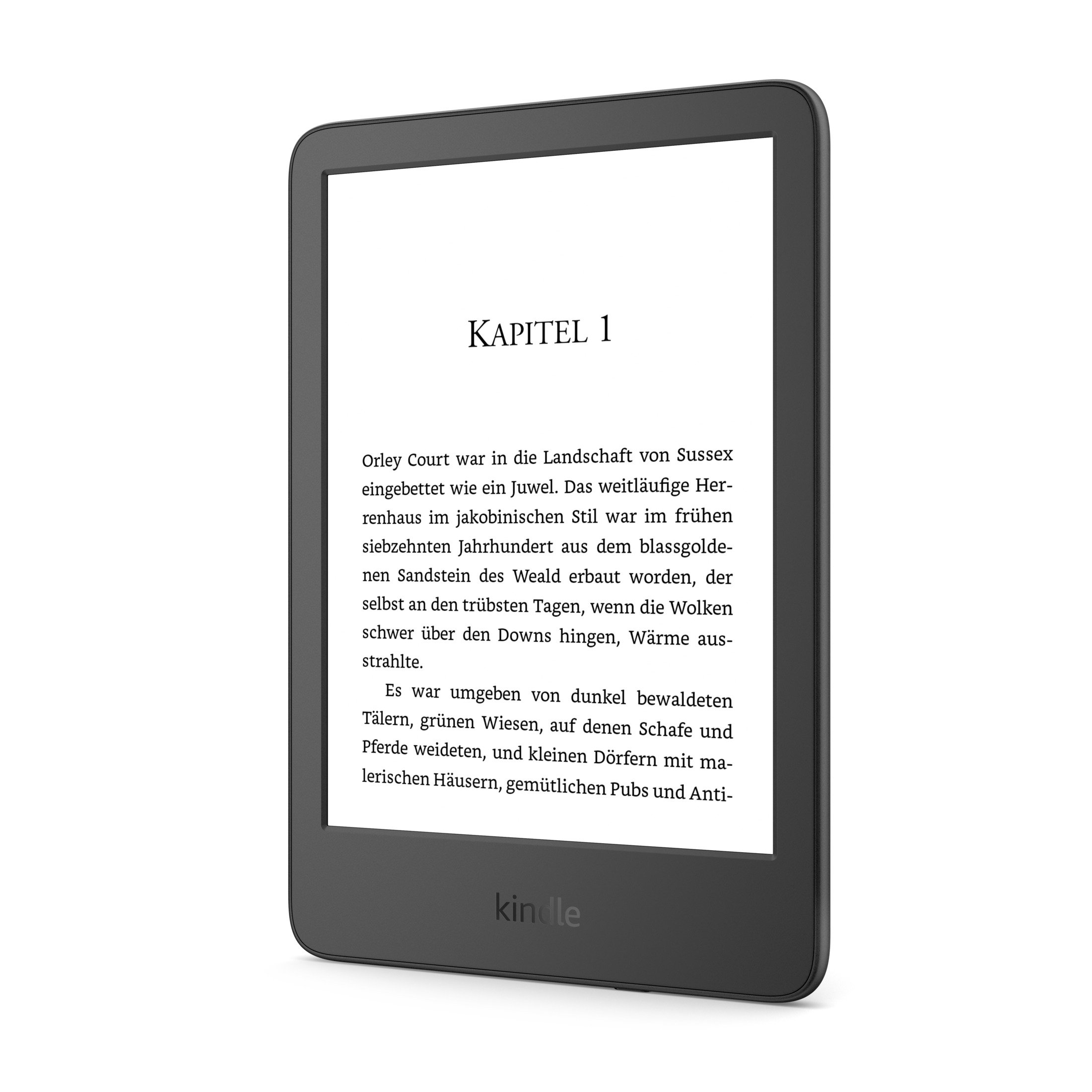Ein schwarzer Kindle zeigt Kapitel eins eines Buches auf seinem Bildschirm.