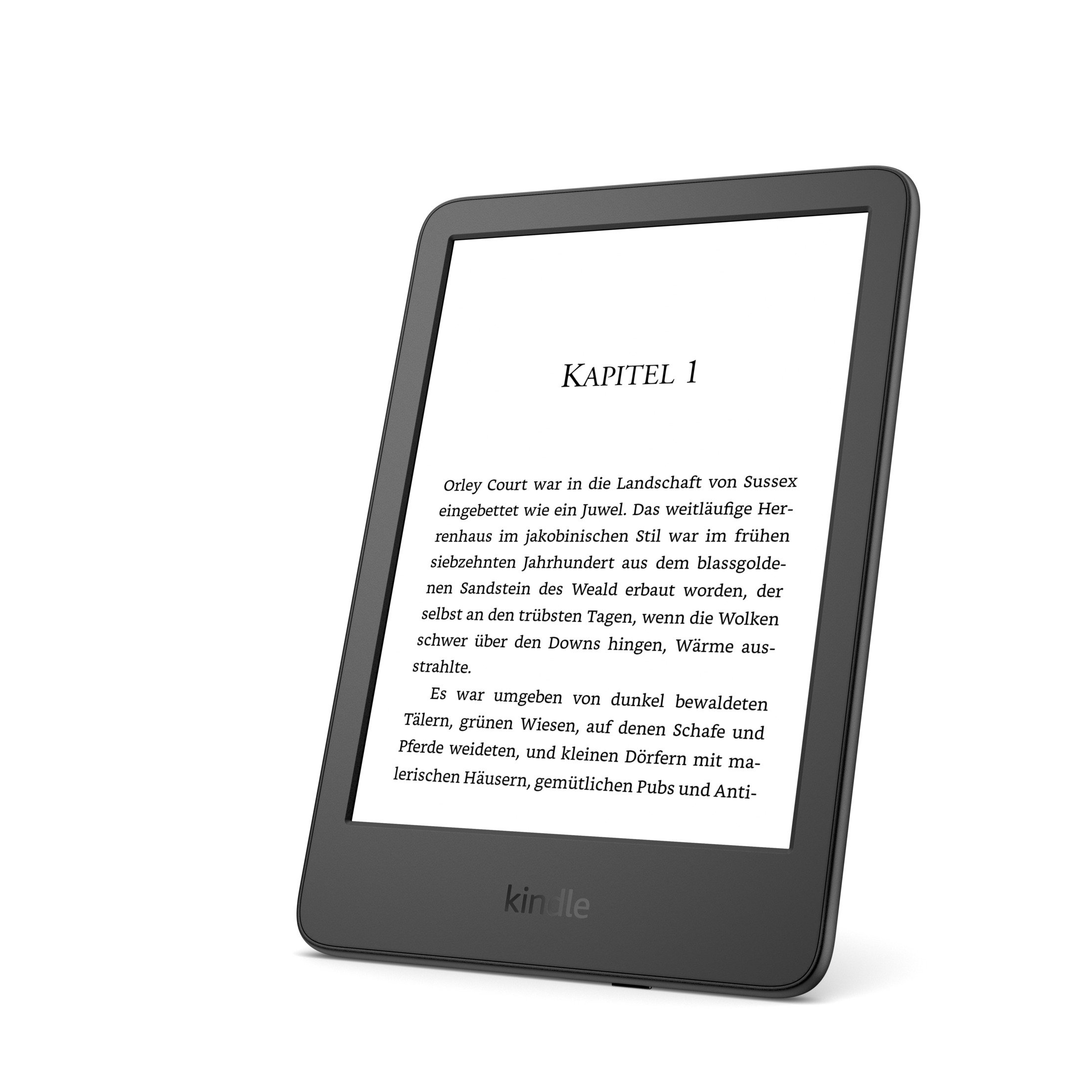 Ein schwarzer E-Reader zeigt Text an. Er ist leicht angewinkelt. Der Hintergrund ist weiß.