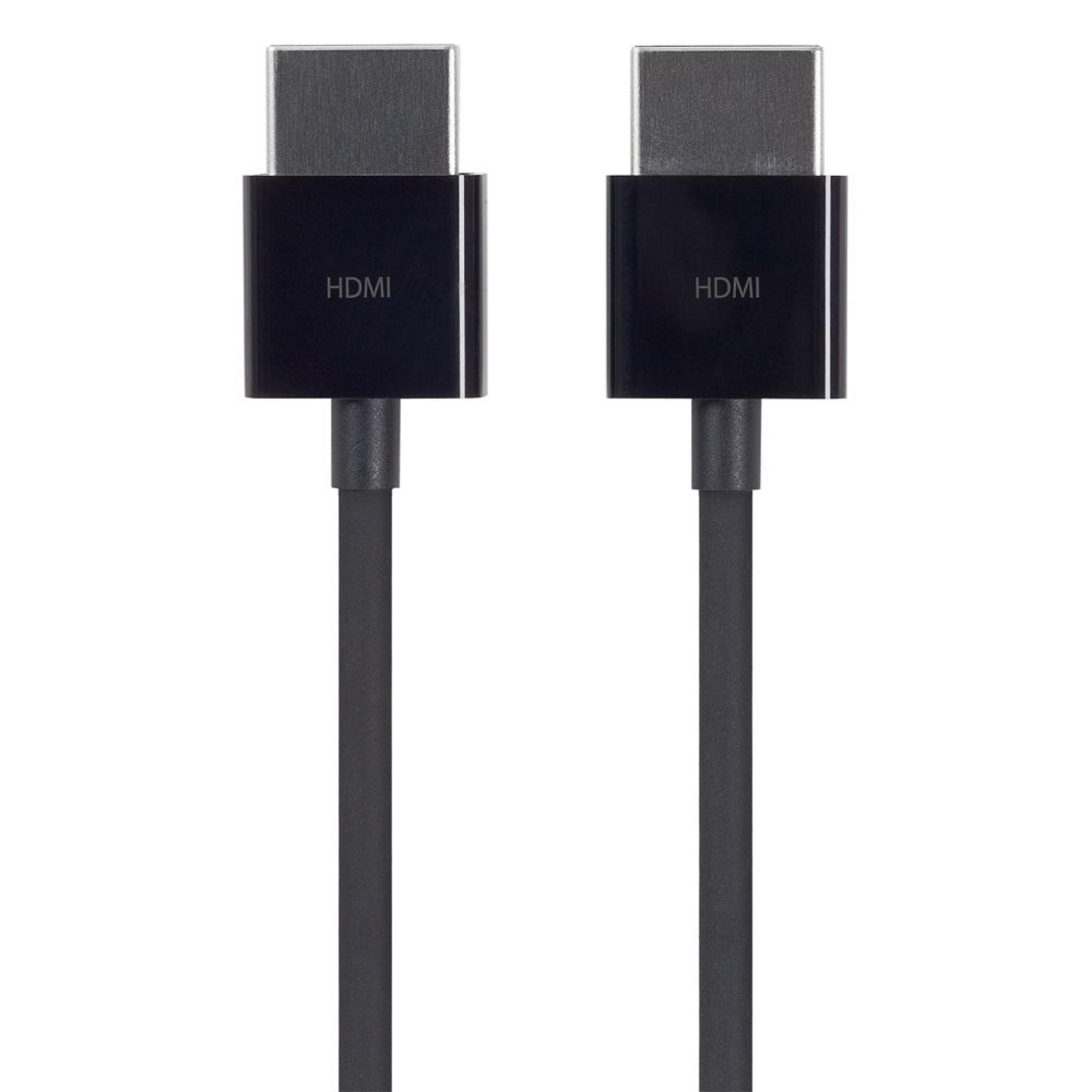 Zwei schwarze HDMI-Kabel mit HDMI-Anschlüssen an jedem Ende, die auf einer weißen Oberfläche liegen.