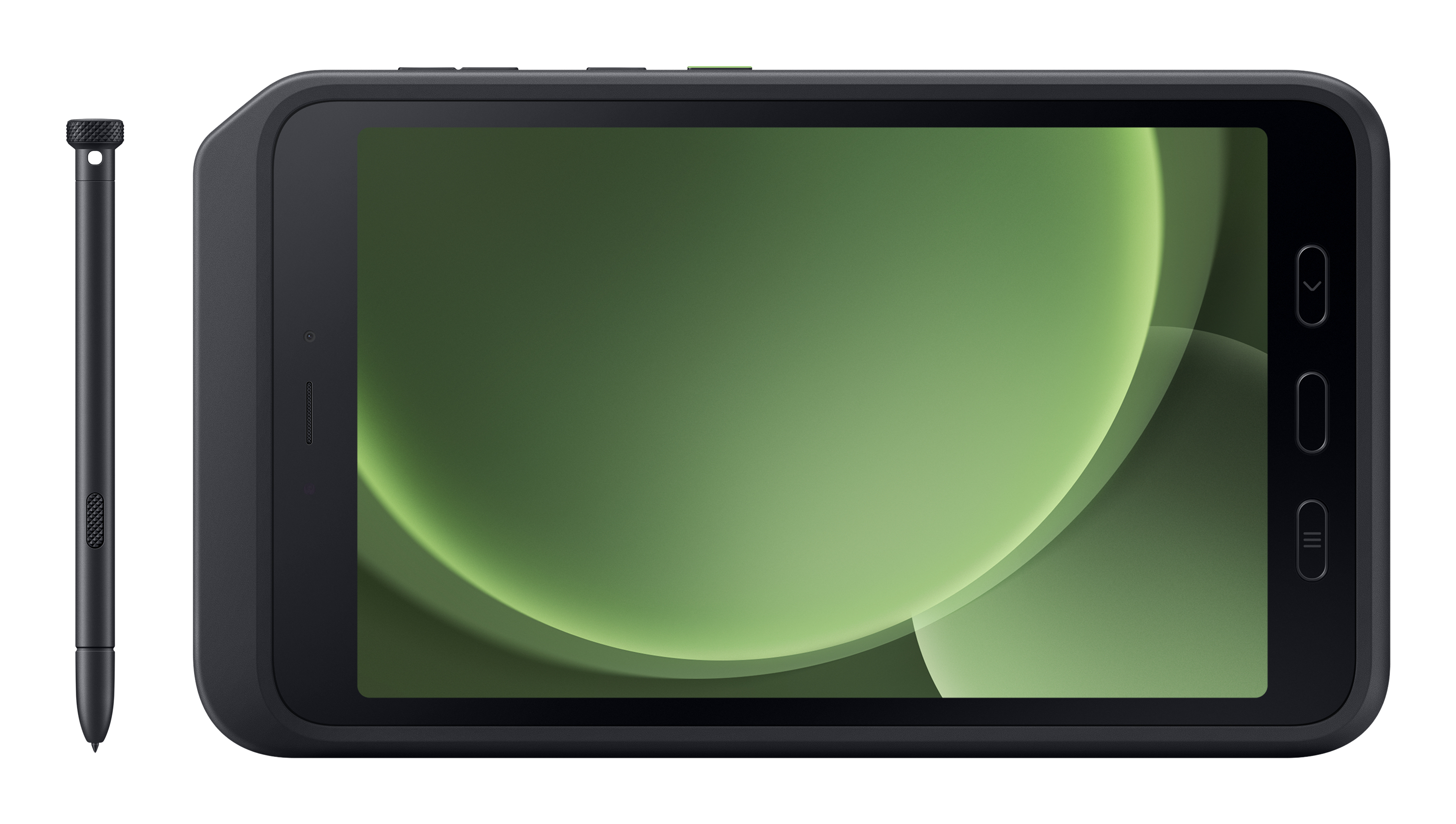 Czarny tablet na białym z rysikiem. Tablet pokazuje zielony ekran z abstrakcyjnymi kształtami.