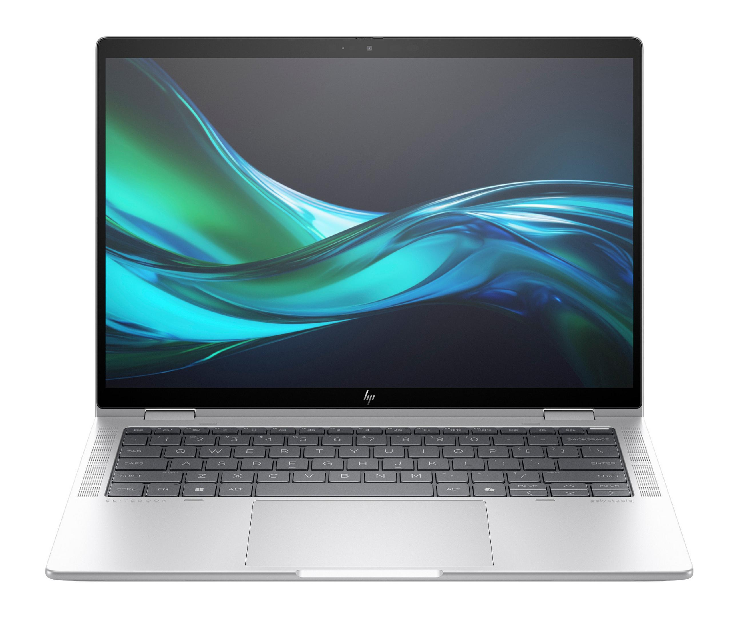Ein silberner Laptop mit geöffnetem Bildschirm, der ein abstraktes blau-grünes Design zeigt.