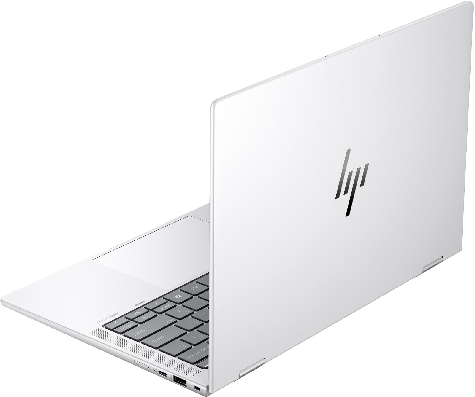 Weißer Laptop mit teilweise geöffnetem Deckel, Rückansicht, zeigt Logo und Tastatur auf weißem Hintergrund.