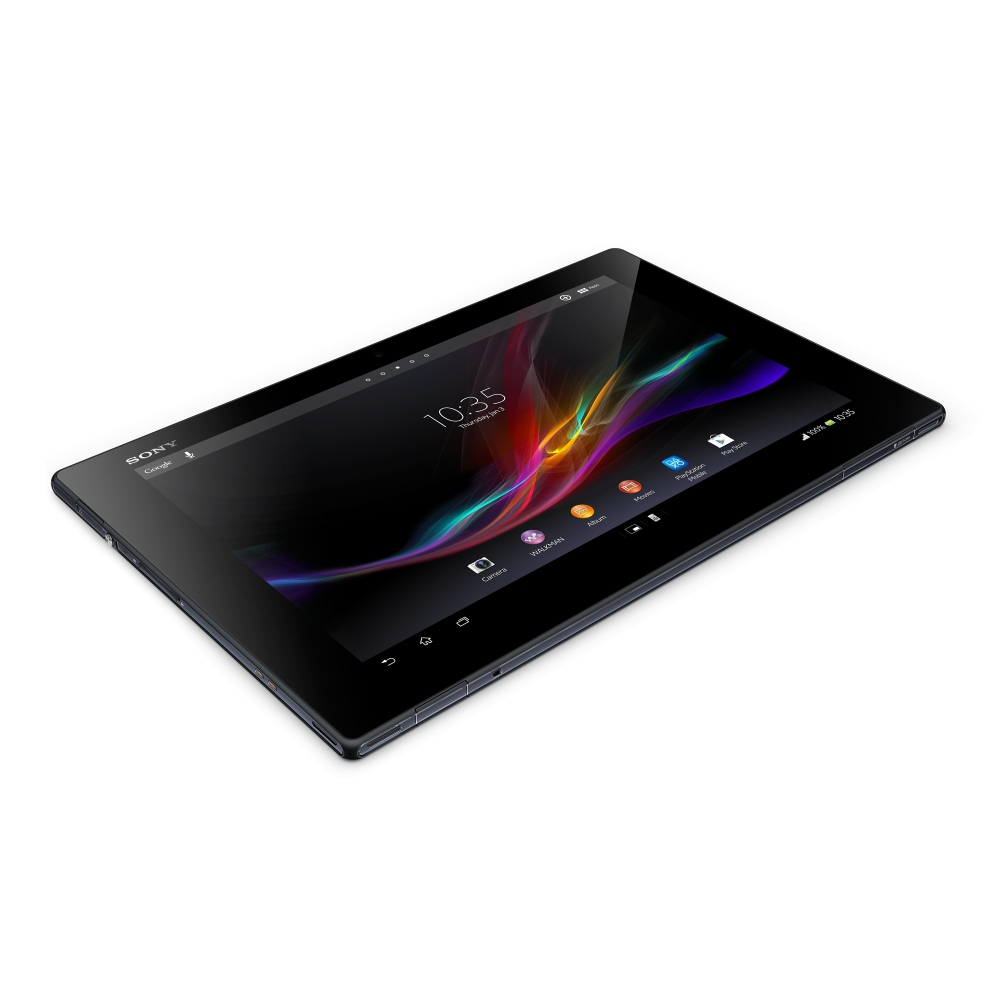 Ein schwarzes Sony-Tablet schräg auf weißer Oberfläche, zeigt eine farbenfrohe Oberfläche mit Icons.
