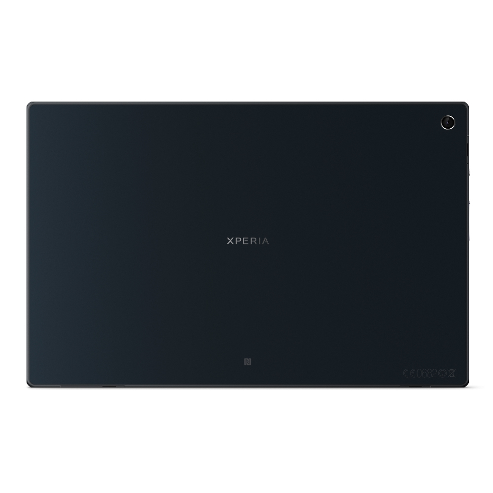 Die Rückseite eines schwarzen Sony-Tablets mit dem Wort 'XPERIA' und einer kleinen Kameralinse.
