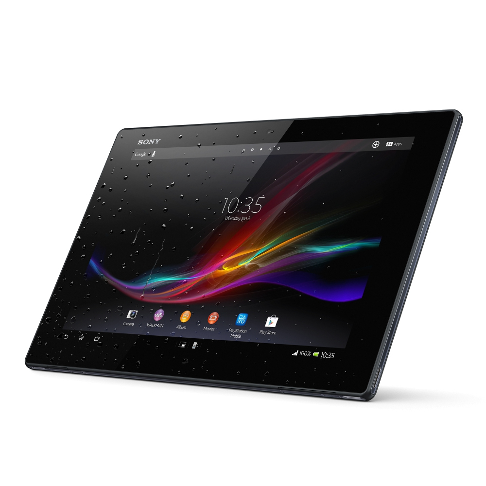 Ein schwarzes Sony-Tablet mit nassem Bildschirm zeigt eine farbenfrohe Oberfläche mit Symbolen.