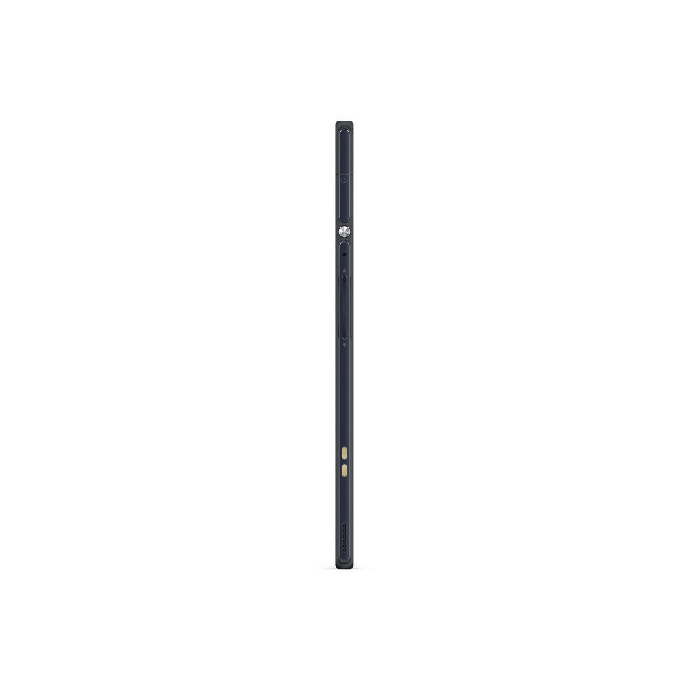 Seitenansicht eines grünen Tablets. Die Seite ist dünn, mit Knöpfen und einer Kameralinse.