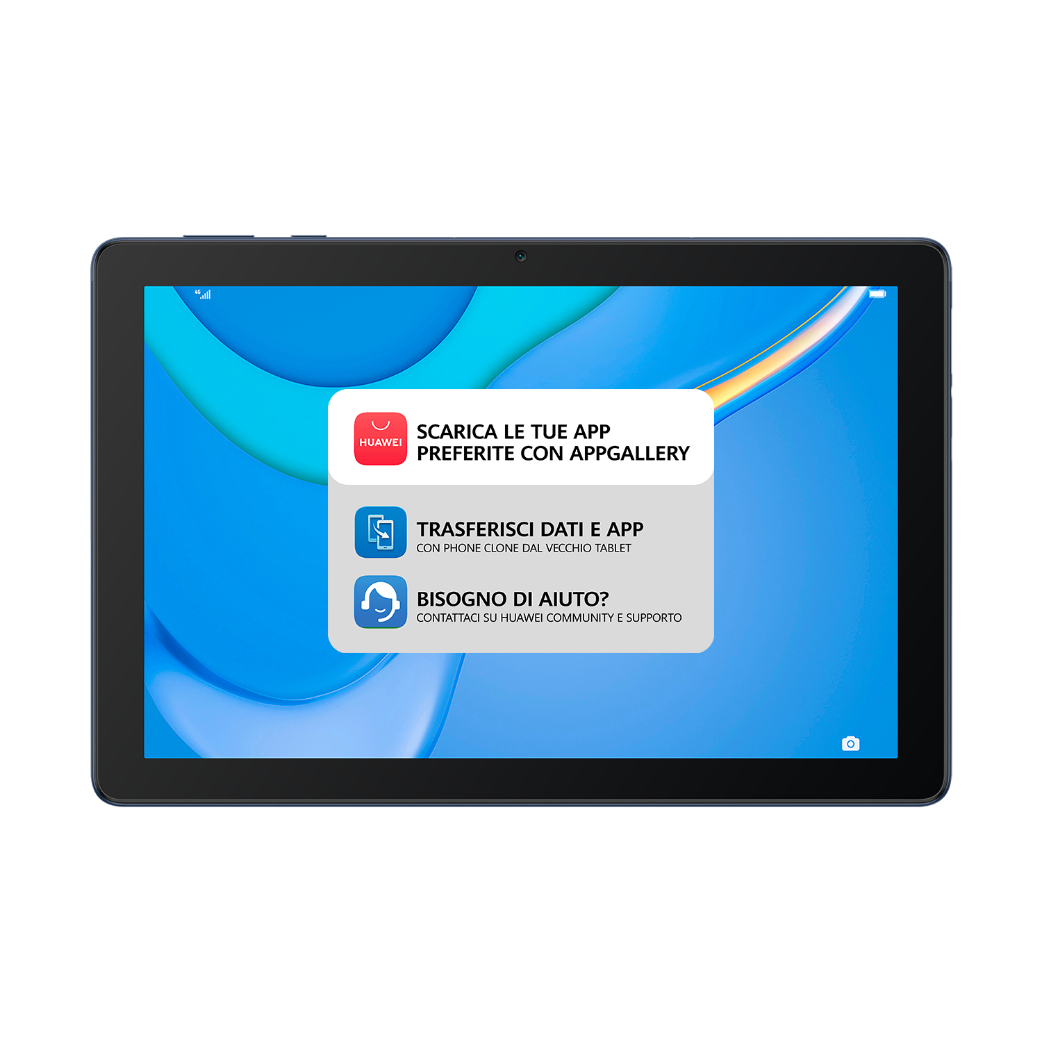 Ein blaues Tablet mit blau-weißem Bildschirm, Huawei-Marke und Text in der Mitte.