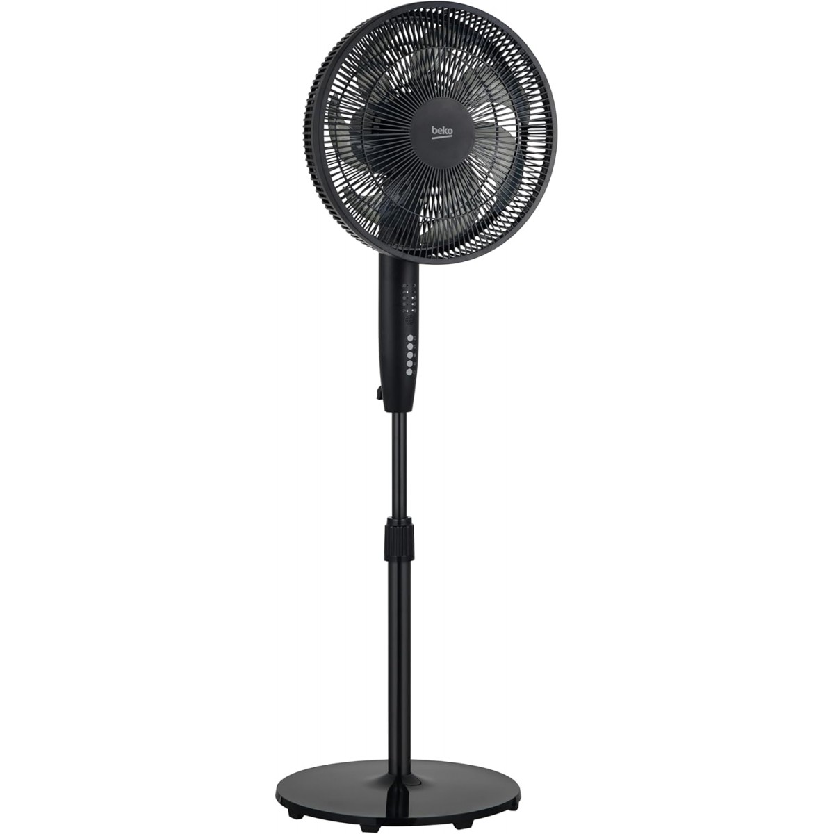 A black Beko stand fan with a circular base, adjustable height, and fan head.