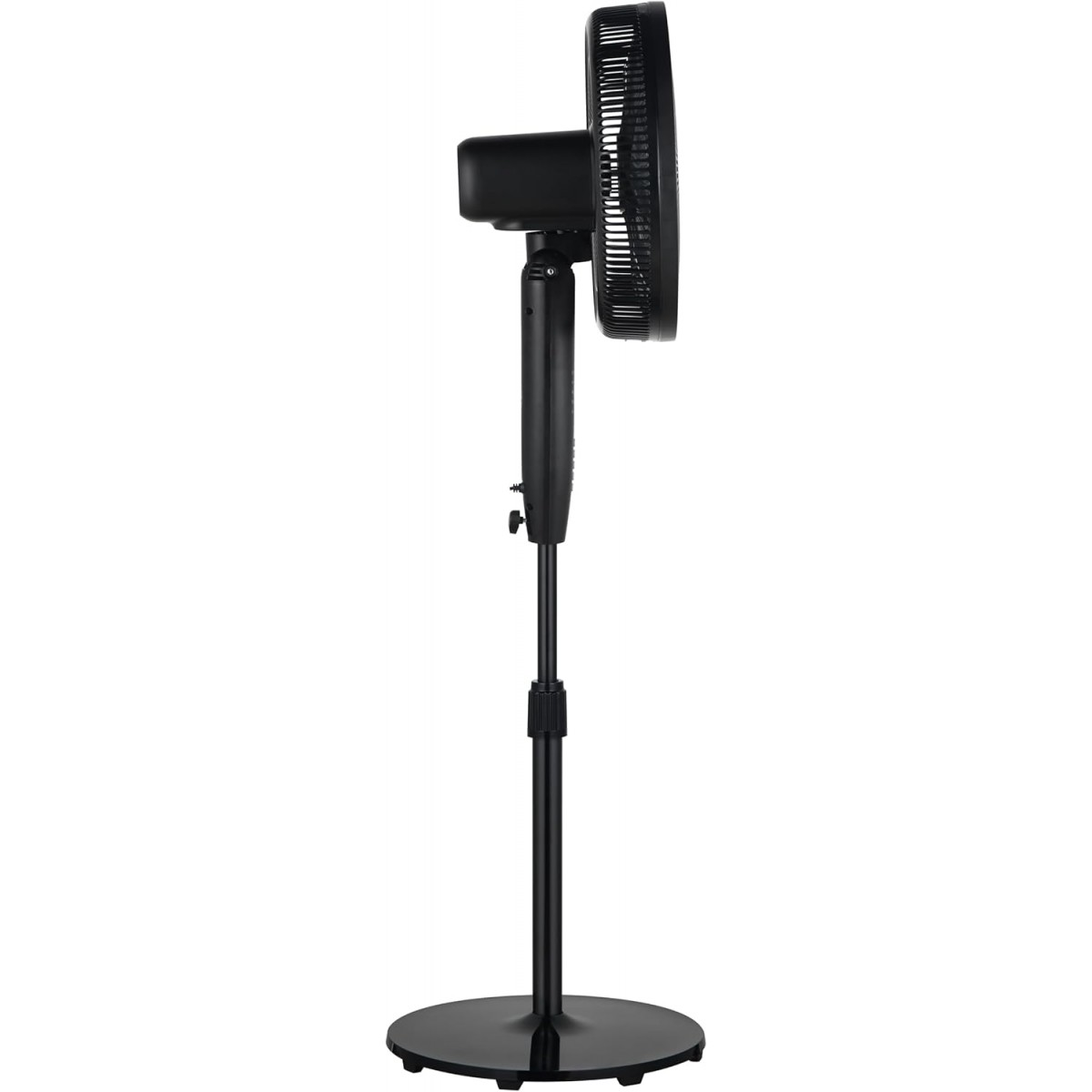 A black Beko stand fan shown from the side, featuring an adjustable height and circular base.