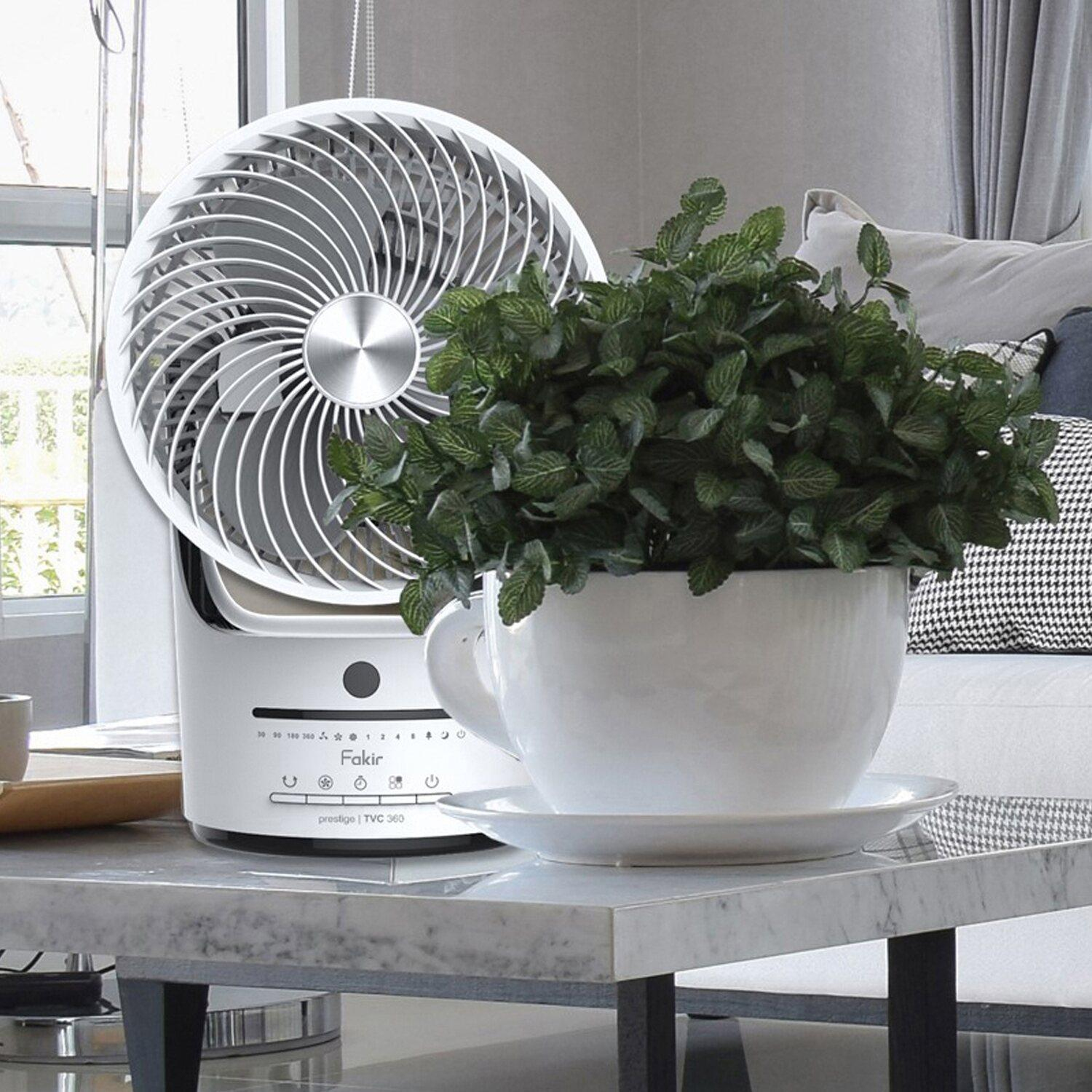 Ein weißer Fakir-Ventilator mit einer Pflanze in einem weißen teetassenförmigen Topf auf einem Marmortisch.