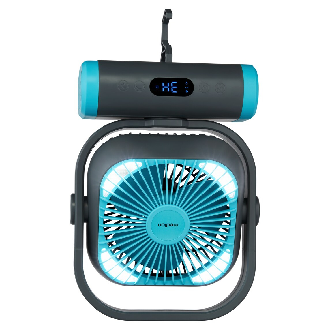 A blue and gray Medion portable fan with LED lighting and a hanging hook on top.