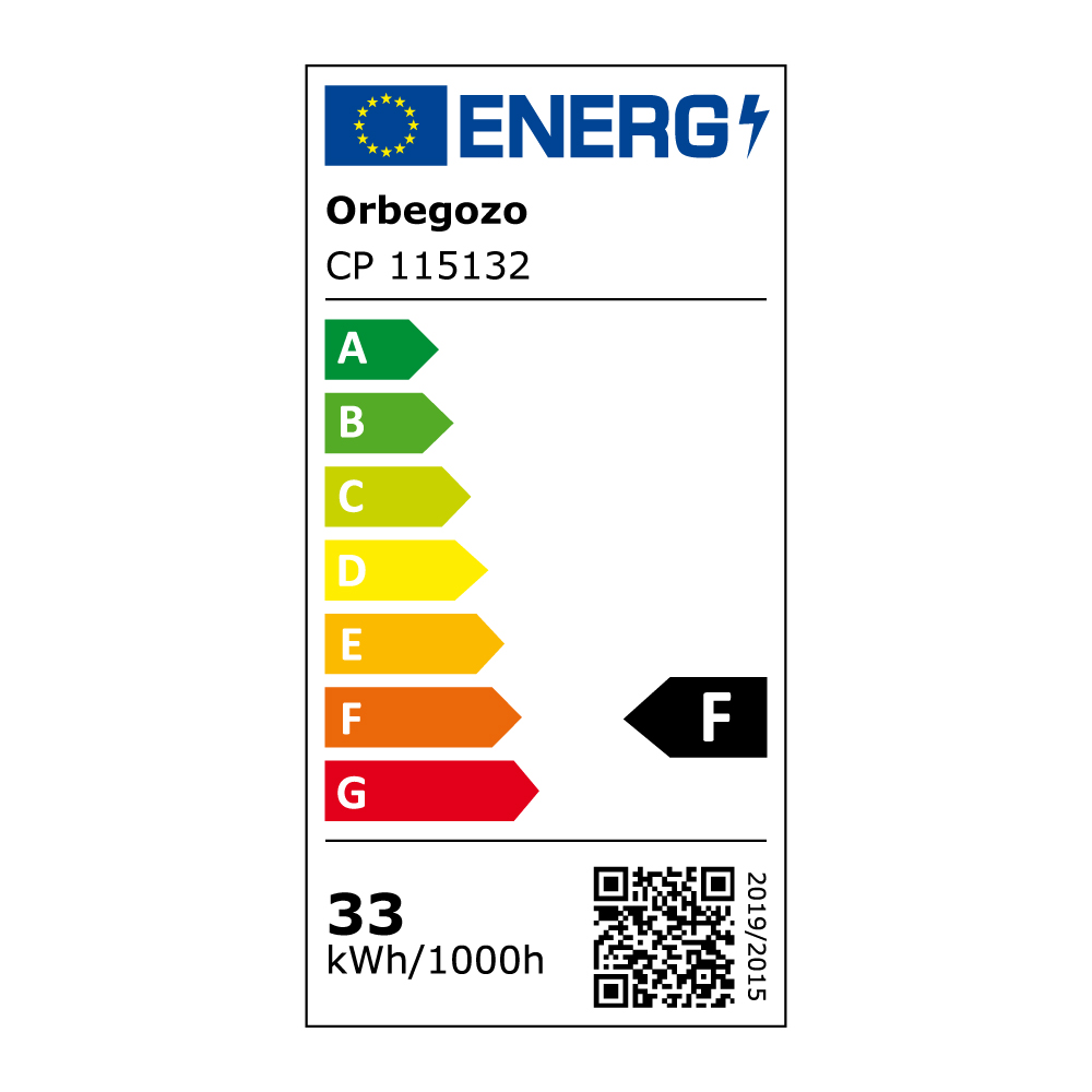 Etiqueta energética para un electrodoméstico Orbegozo, con una calificación F y un consumo de energía de 33 kWh/1000h.