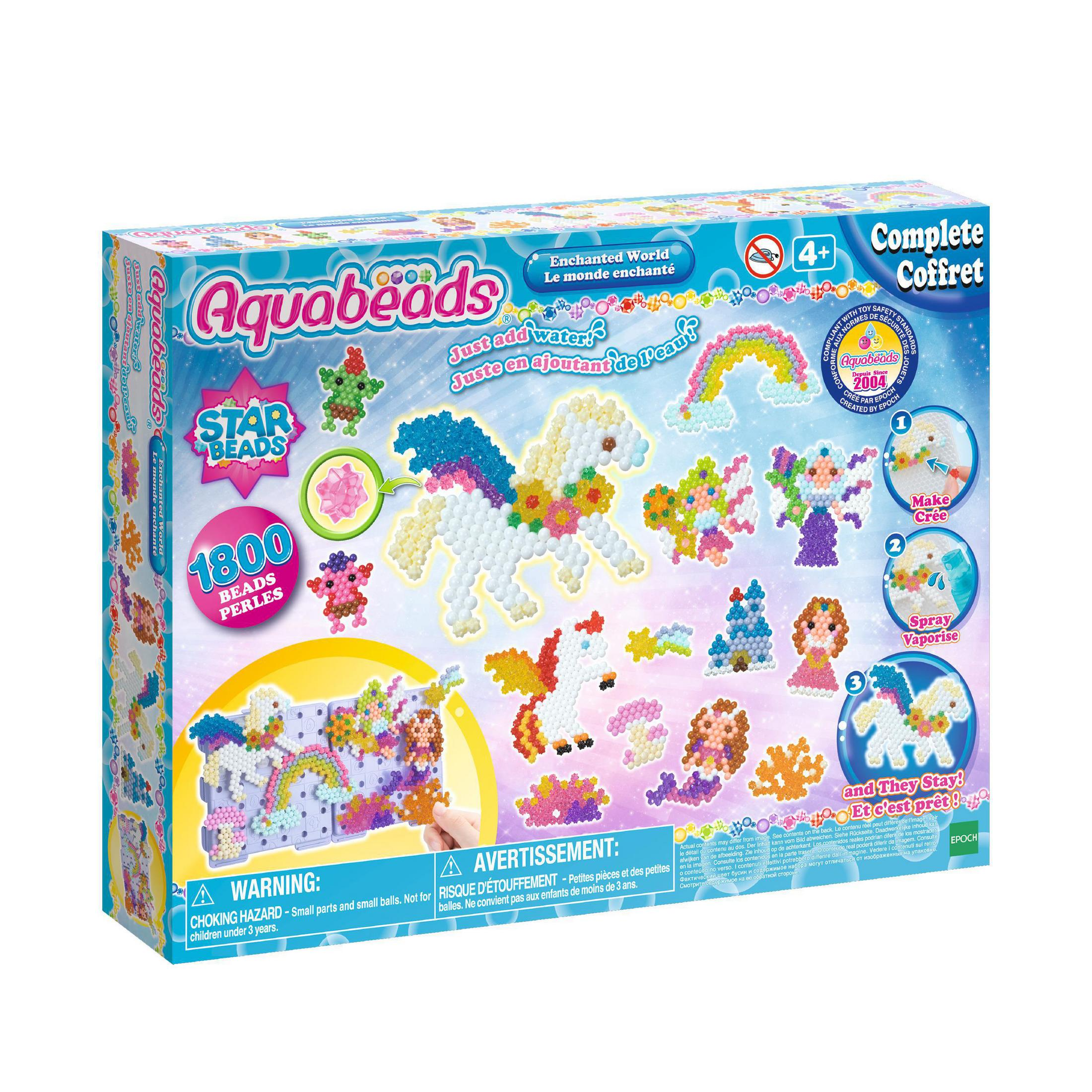 Eine farbenfrohe Aquabeads-Box mit einem Einhorn und anderen Figuren. Es ist ein Bastelset für Kinder.
