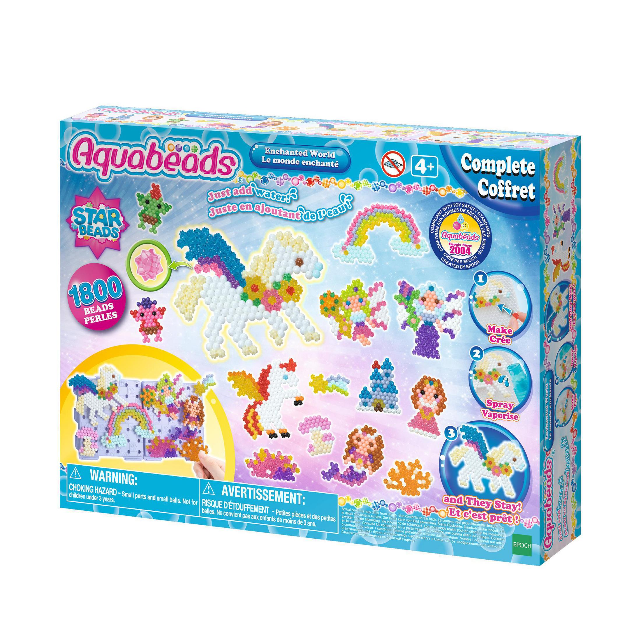 Eine farbenfrohe Aquabeads-Box mit einem Einhorn und anderen Figuren. Es ist ein Bastelset für Kinder.