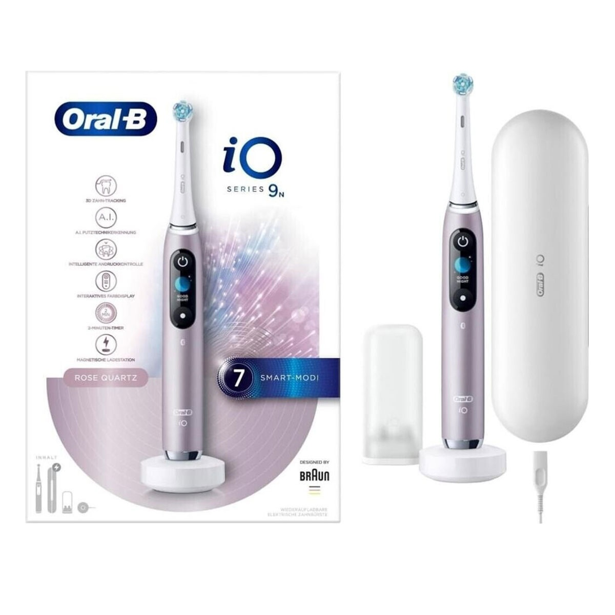 Two electric toothbrushes, one rose quartz, and one in a box with accessories.