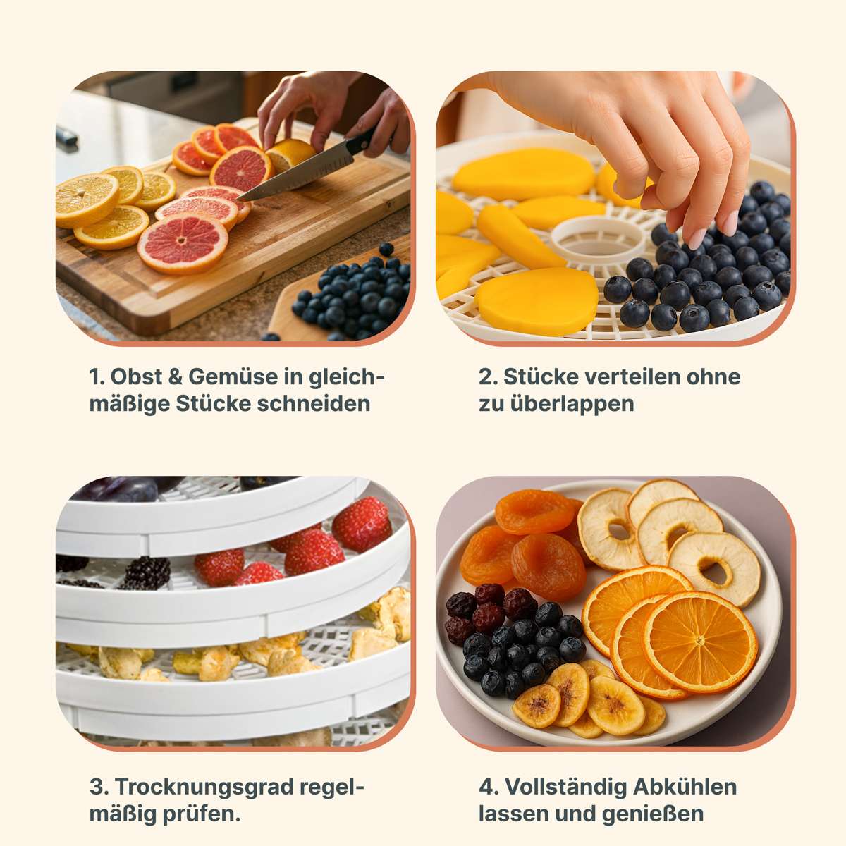 Cztery obrazy pokazujące kroki suszenia owoców, w tym krojenie, układanie, sprawdzanie i smakowanie.