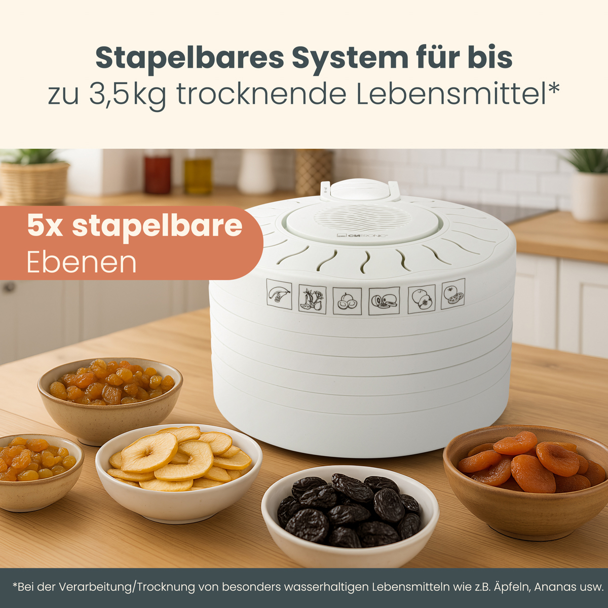 Suszarka do żywności z suszonym jedzeniem w miskach i tekstem o pojemności systemu.