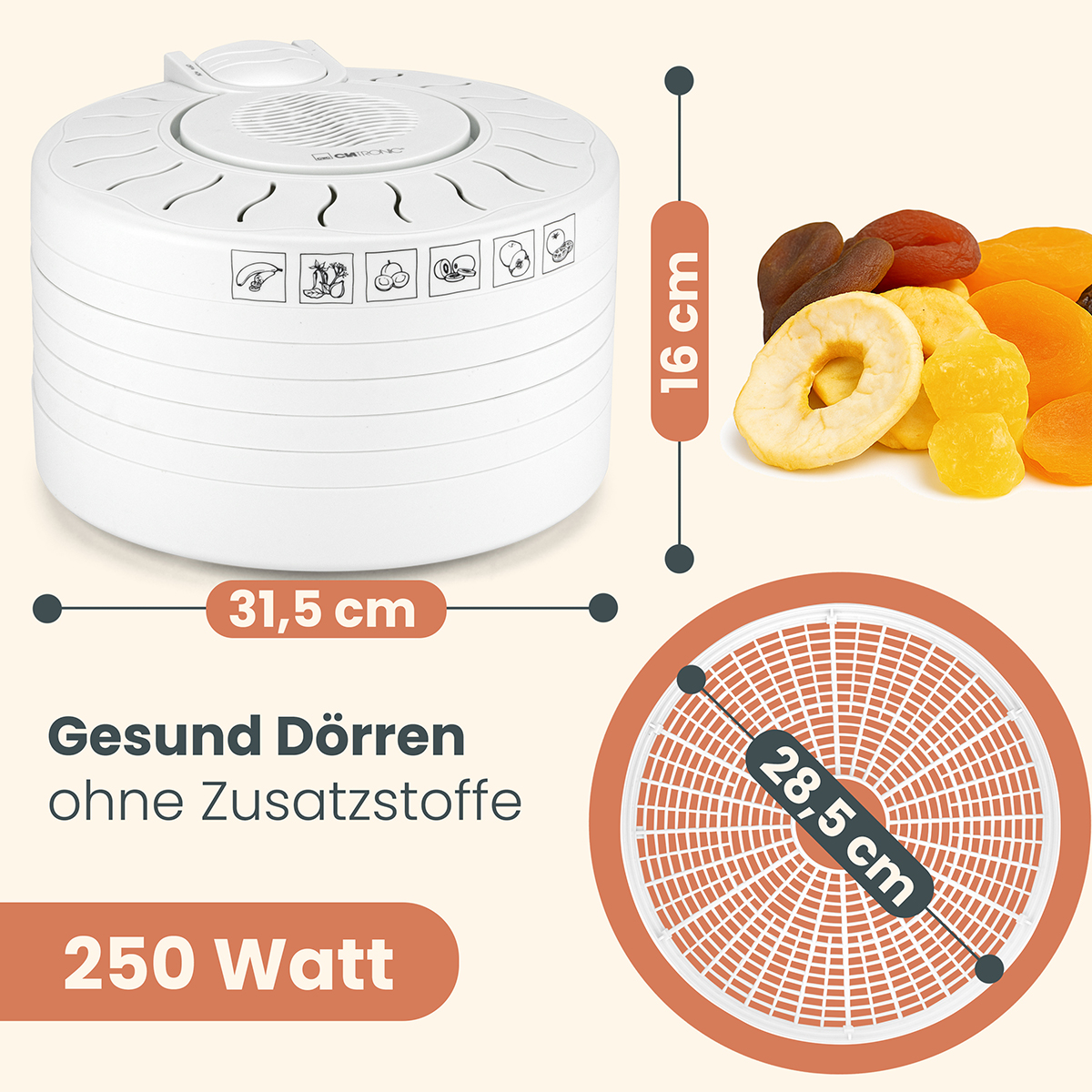 Biała suszarka do żywności z wymiarami, specyfikacjami i suszonymi owocami.