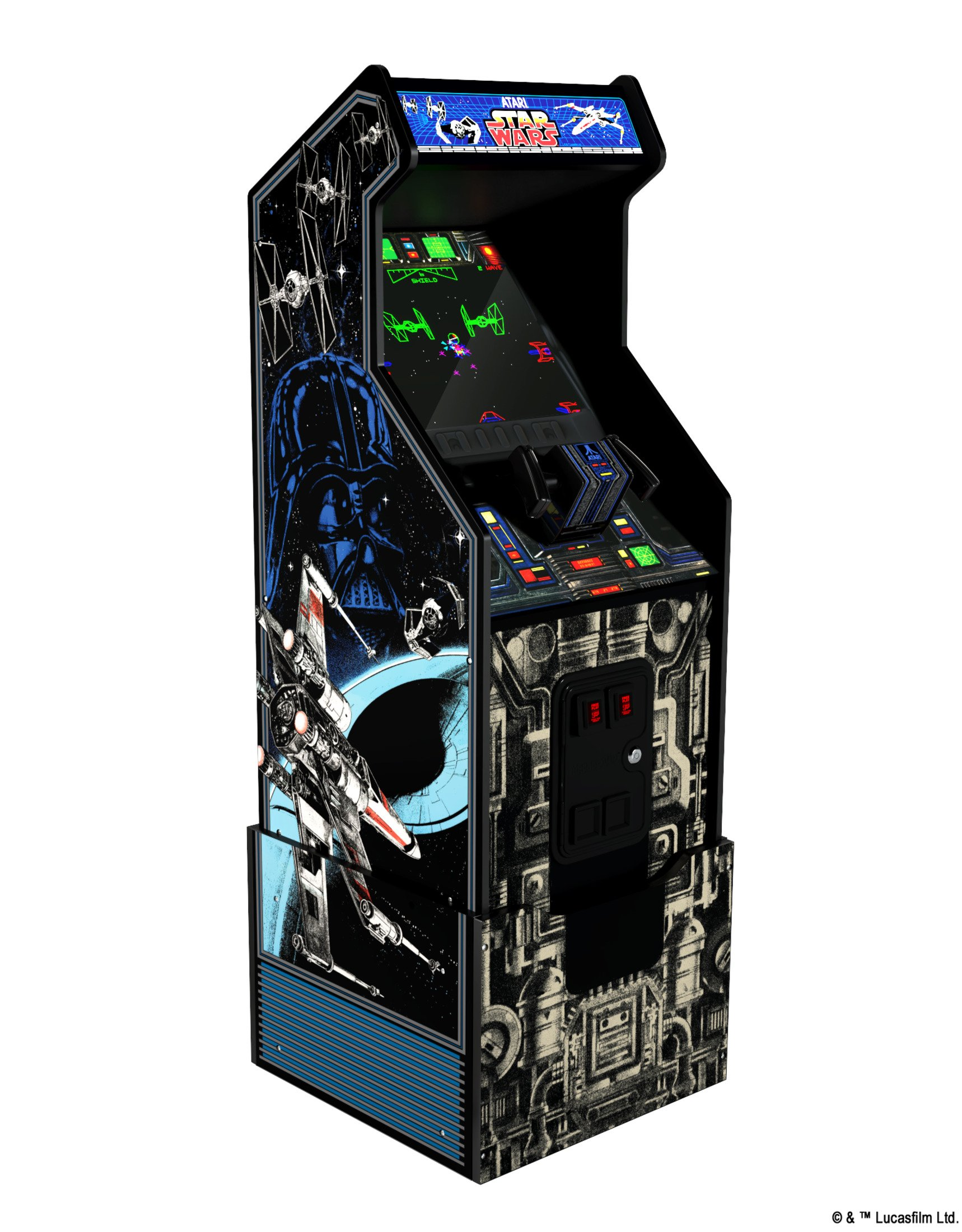 Star Wars Arcade-Spiel mit Darth Vader und Sternenjägern an der Seite und einem Bildschirm, der eine Weltraumschlacht zeigt.