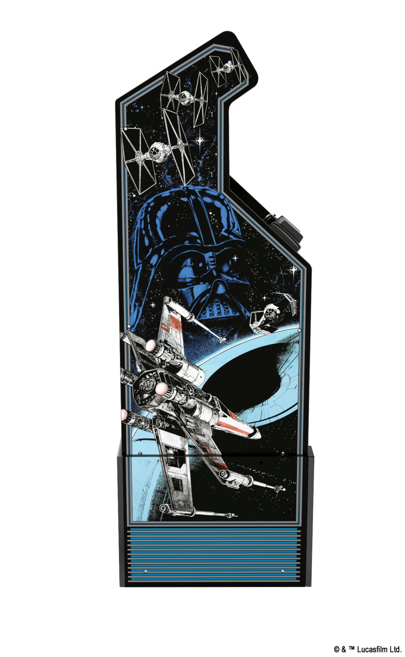 Star Wars Arcade-Spiel mit Darth Vader und einem Sternenjäger an der Seite, vor einem Sternenhintergrund.