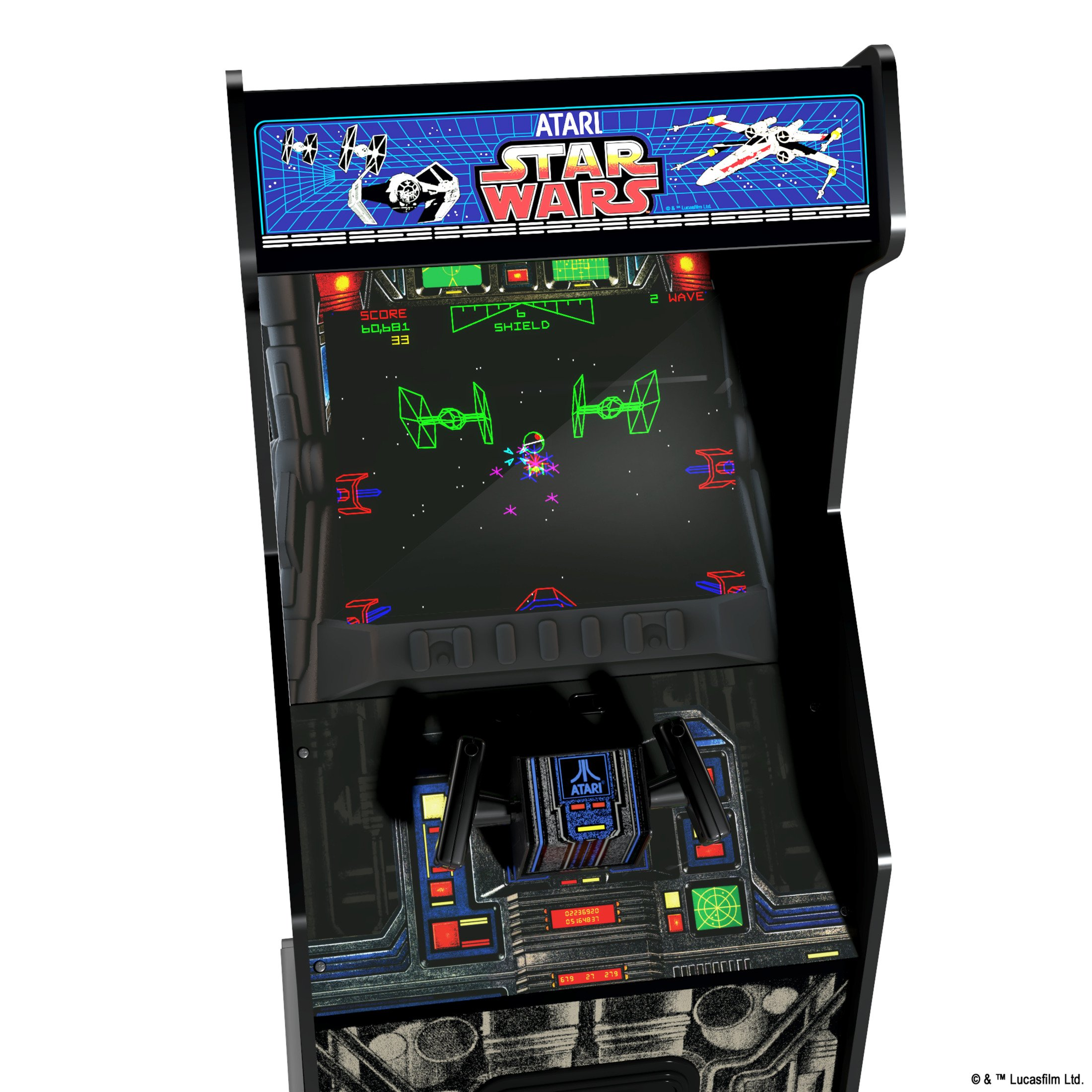 Star Wars Arcade-Spiel mit einem Bildschirm, der eine Weltraumschlacht zeigt, und Bedienelementen am unteren Rand.