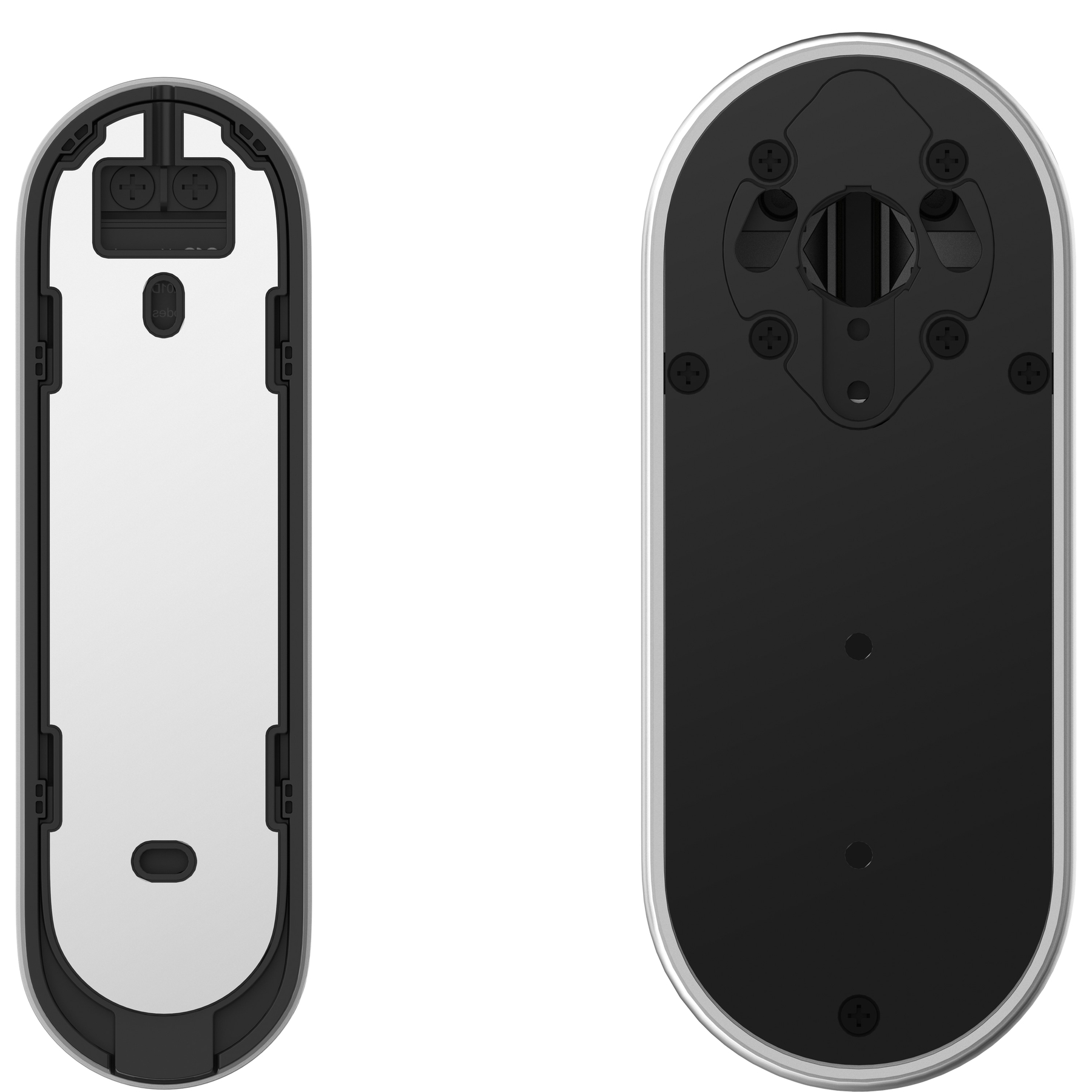 La vista posterior de una cerradura de puerta plateada, que muestra sus accesorios de montaje contra un fondo blanco.
