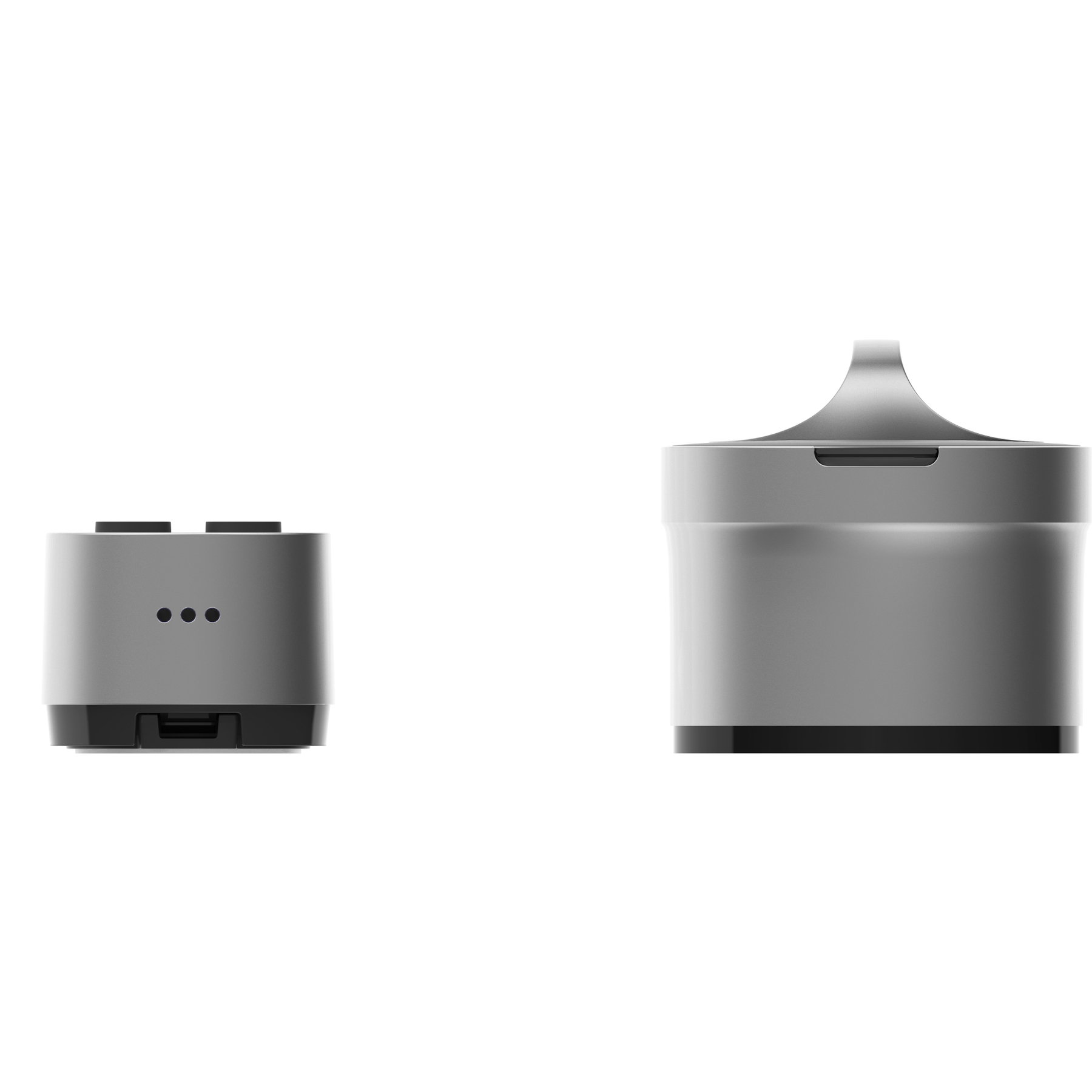Un dispositivo doméstico inteligente compacto y gris con un diseño simple, que se muestra sobre un fondo blanco nítido para mayor claridad.