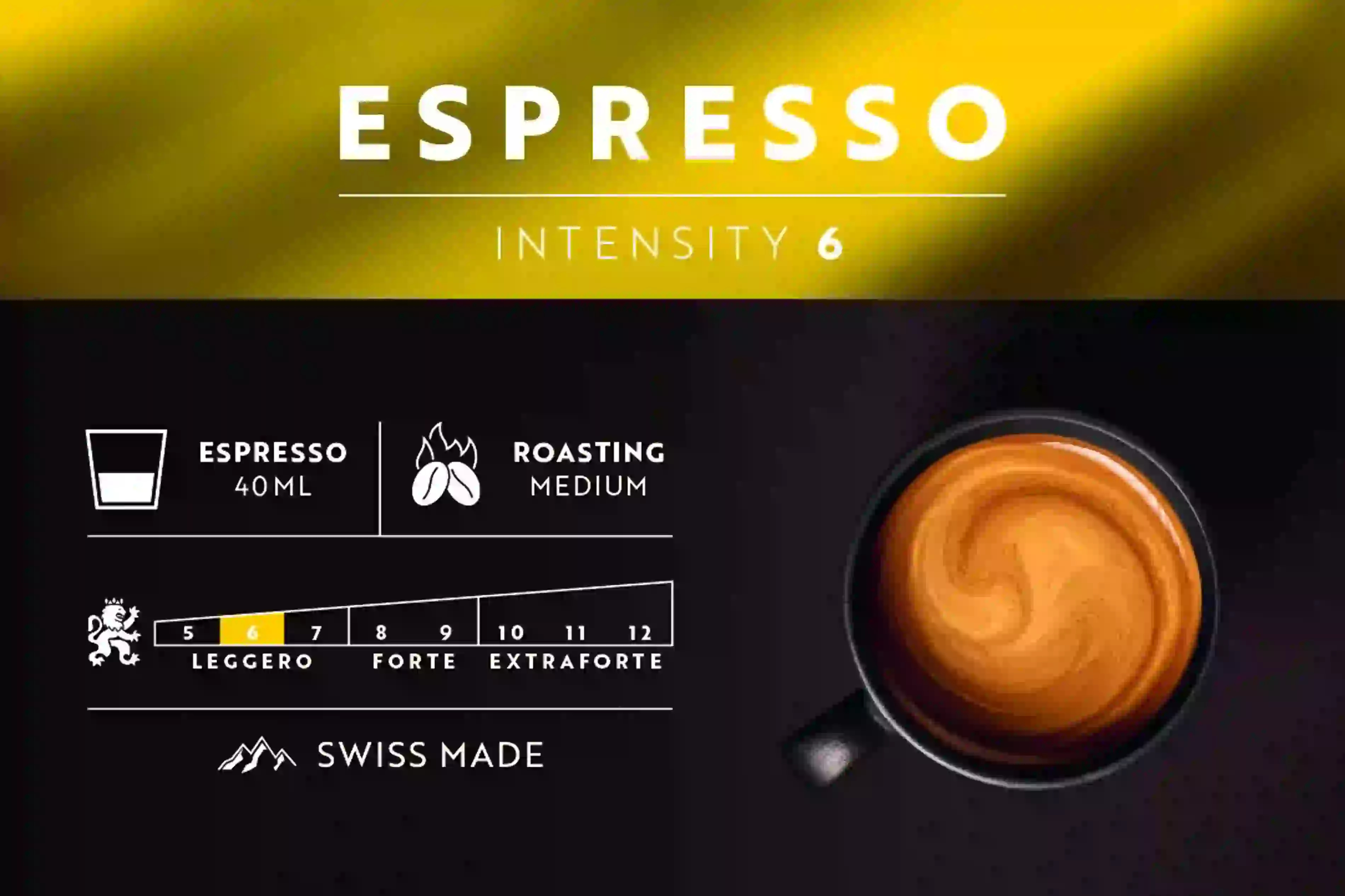 Eine Nahaufnahme eines schwarzen und gelben Espresso-Etiketts, das Informationen zu Intensität und Röstung zeigt.
