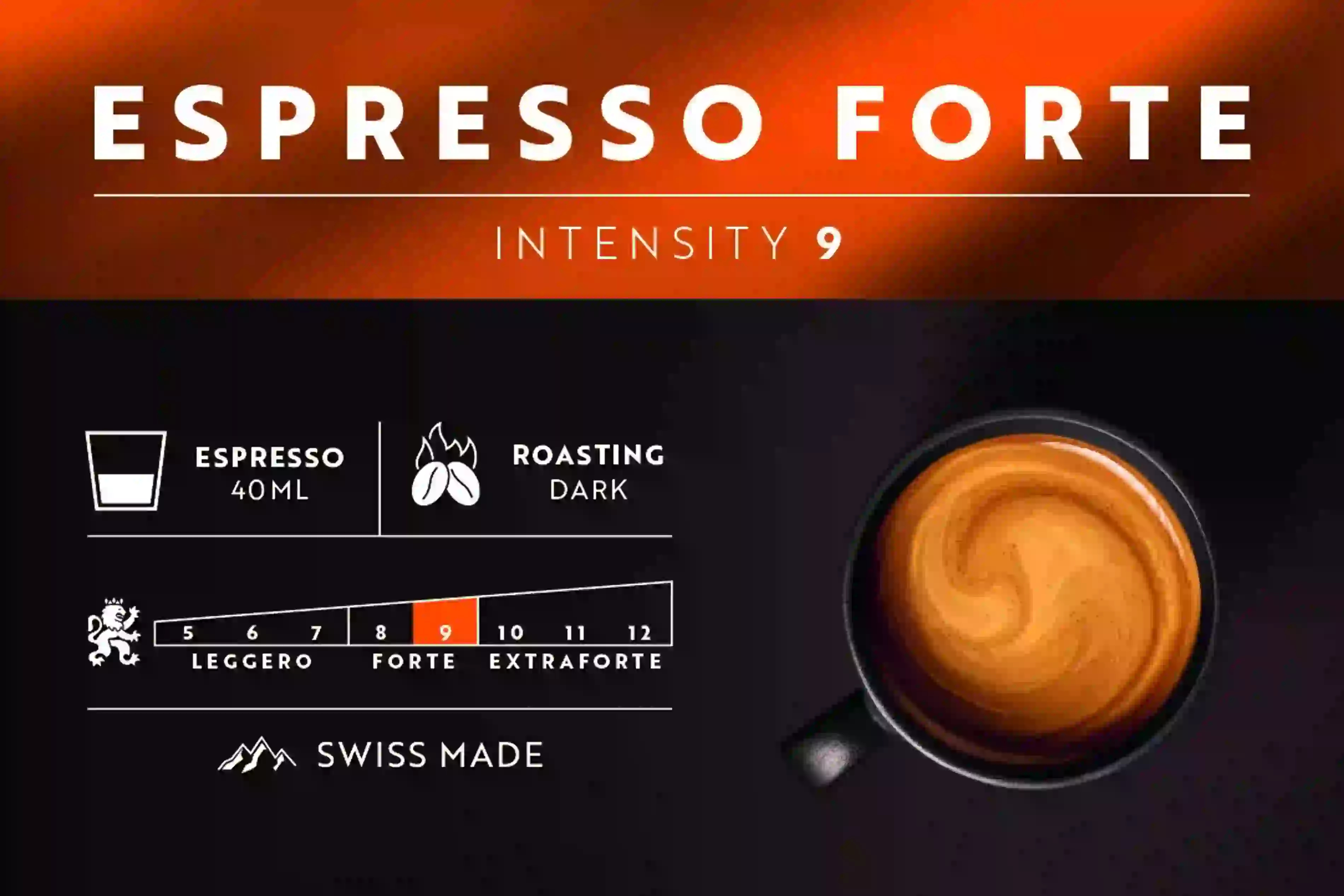 Espresso Forte Bild zeigt Intensitätsstufe 9, dunkle Röstung und Schweizer Qualität.