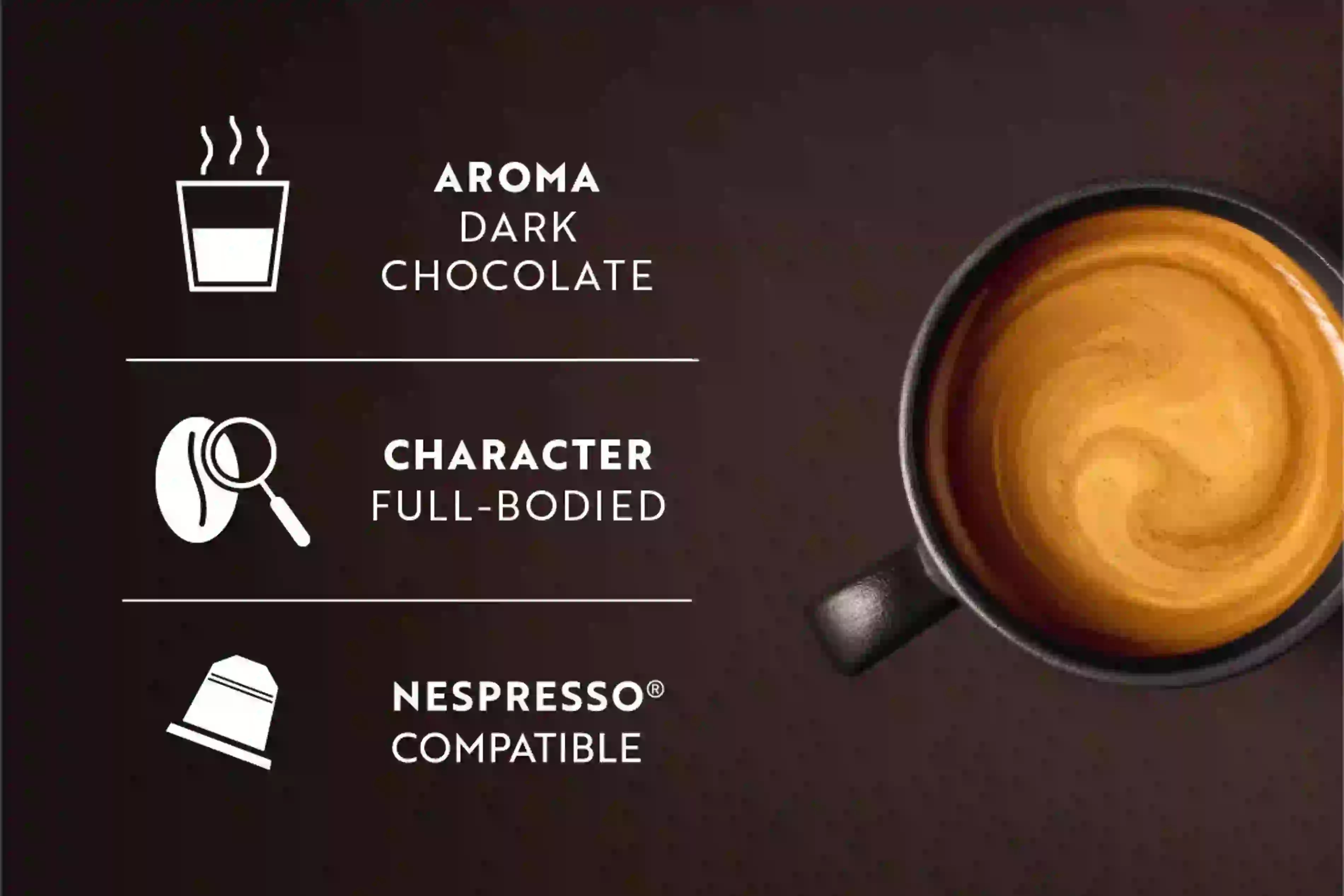 Espresso-Aroma ist dunkle Schokolade, hat einen vollmundigen Charakter und ist Nespresso-kompatibel.