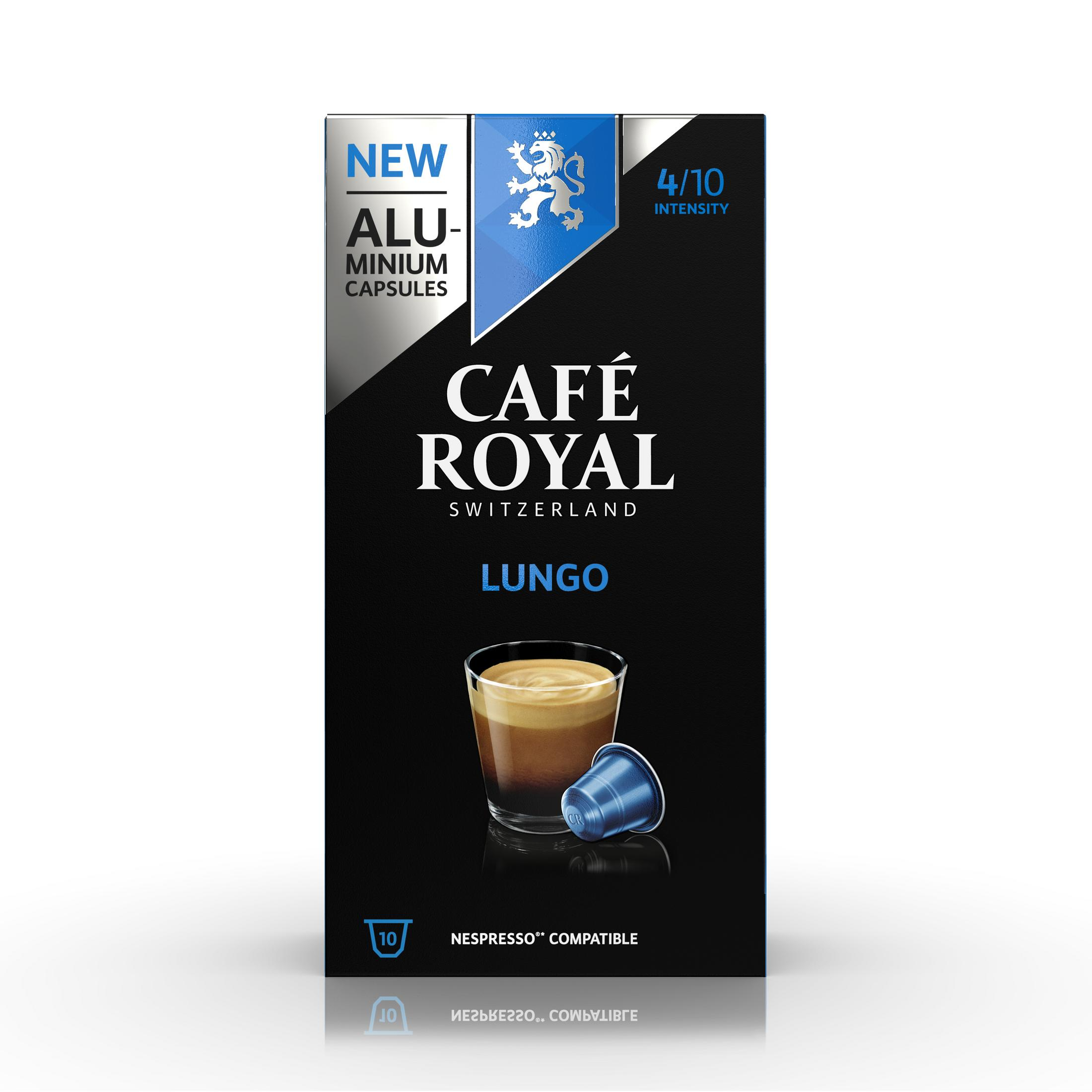 Café Royal Lungo Kapselbox, schwarz-blaues Design, weißer Hintergrund, 4/10 Intensität.