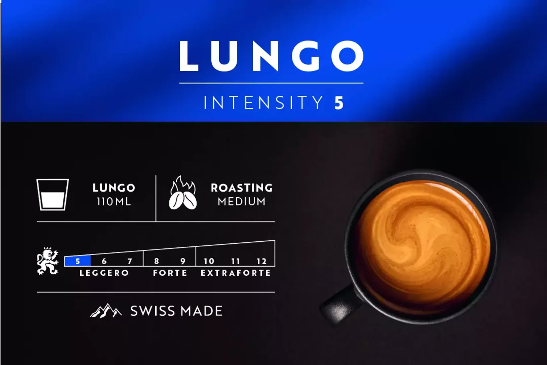 Lungo-Kaffeeetikett mit Text, Tasse und Kaffeebohnen-Illustrationen, Intensität 5.