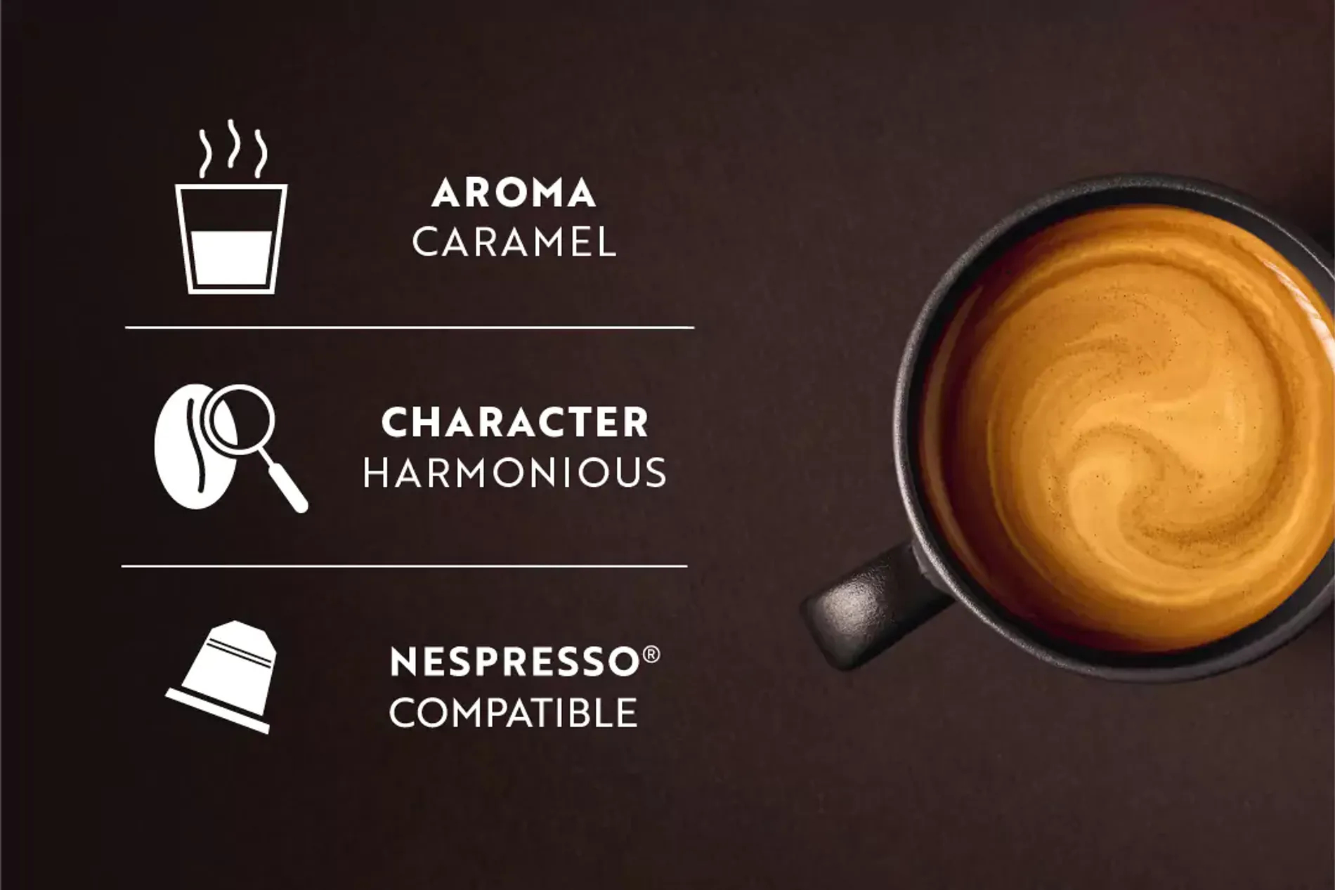 Kaffeetasse mit Crema. Grafiken: Aroma, Karamell, harmonisch. Nespresso-kompatible Kapsel.