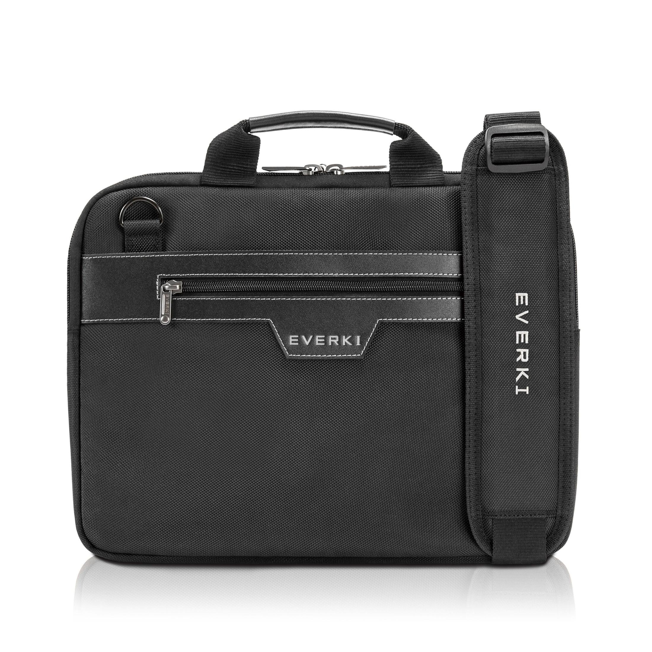 Eine schwarze Laptoptasche mit Schultergurt und Griffen befindet sich auf einem weißen Hintergrund.