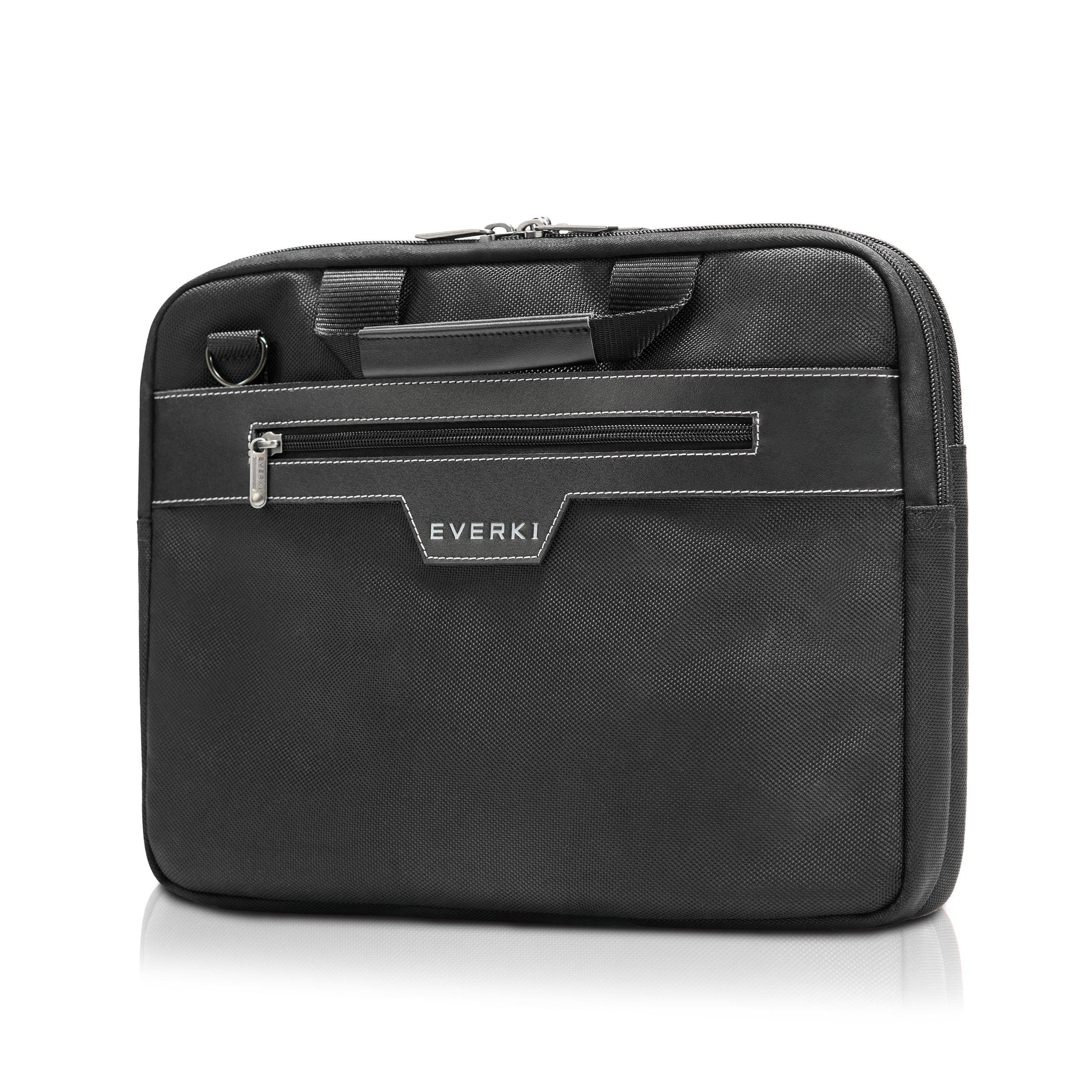 Eine schwarze Laptoptasche mit Griffen wird auf einem weißen Hintergrund angezeigt.