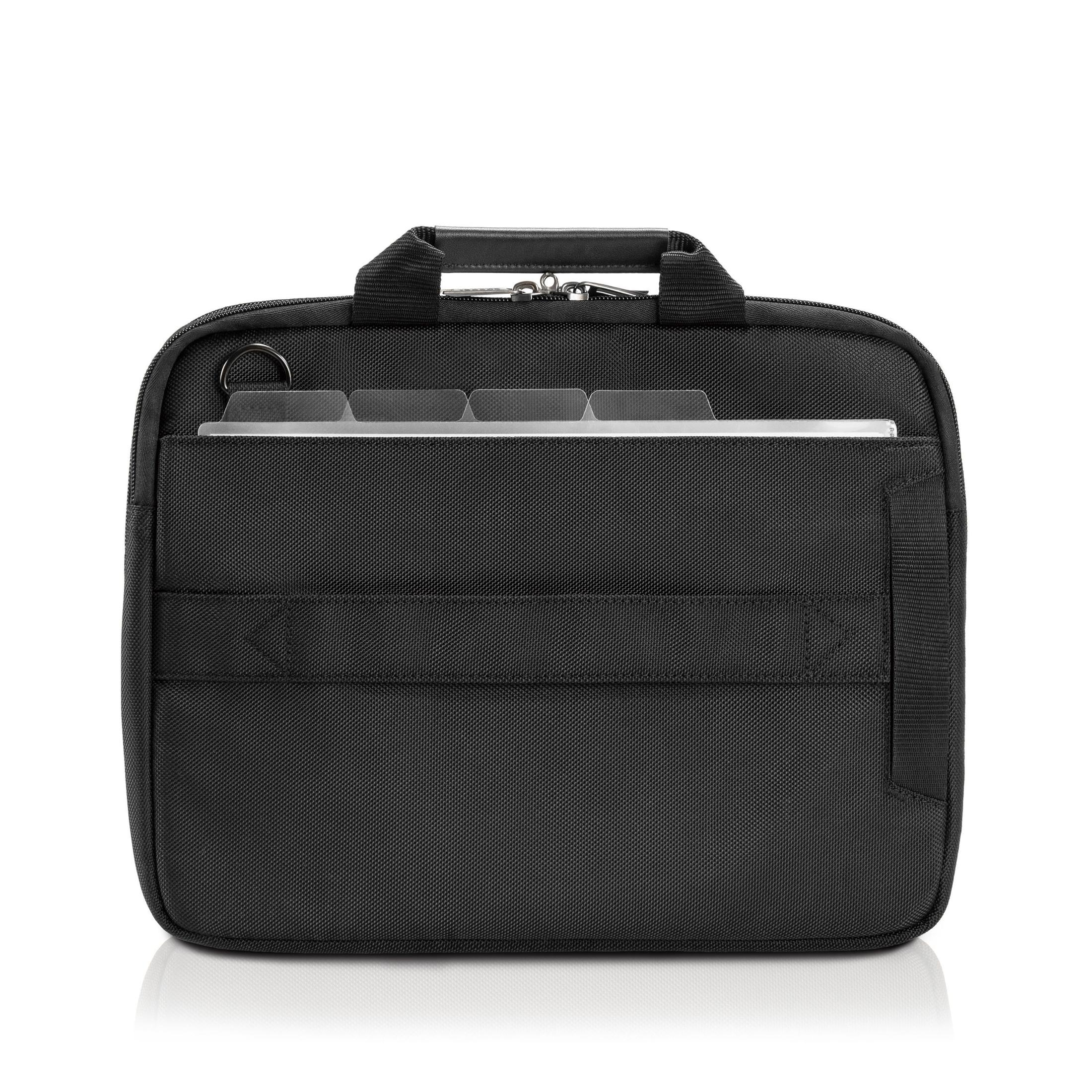 Eine schwarze Laptoptasche mit Griffen und einem herausschauenden Dokument befindet sich auf einem weißen Hintergrund.