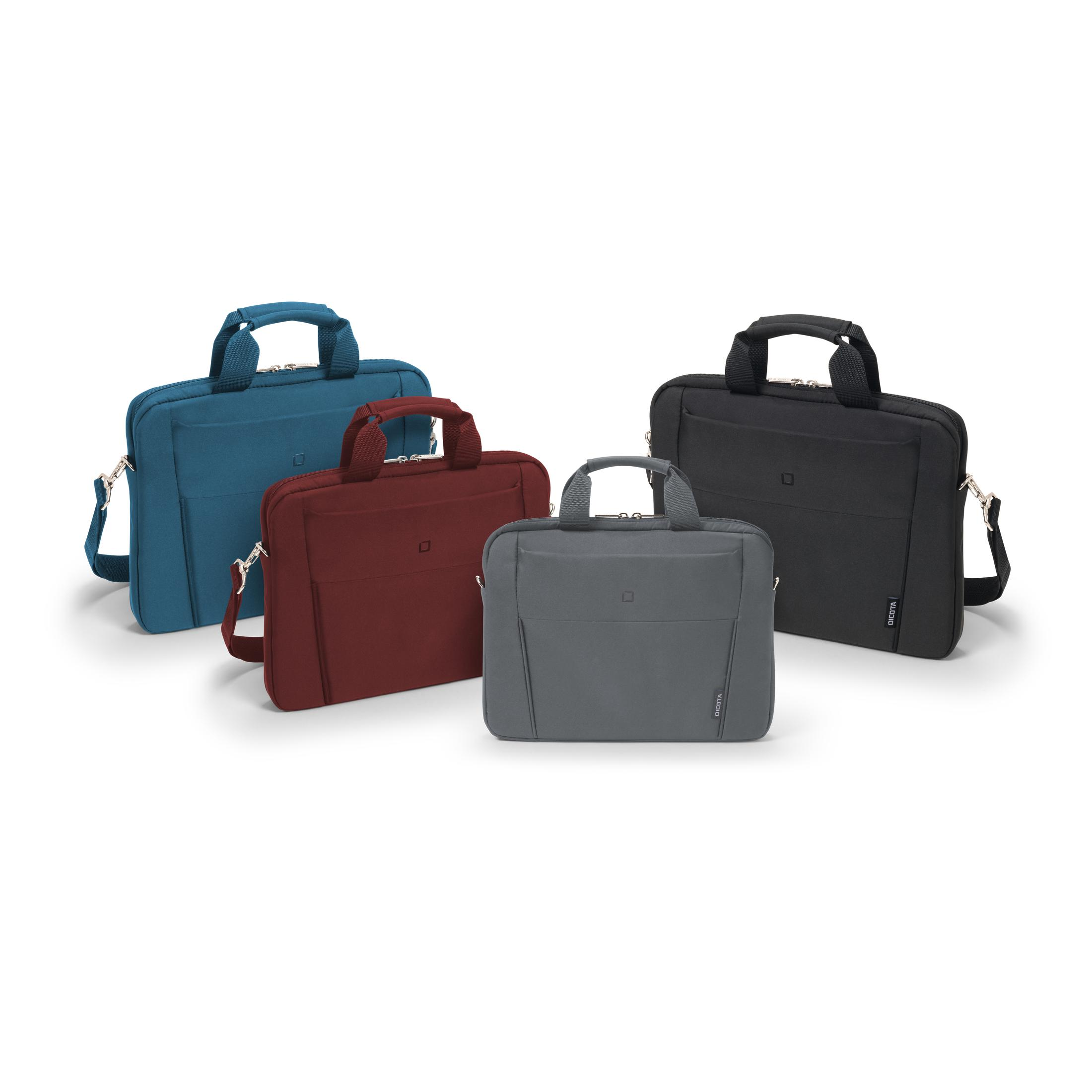 Vier Laptoptaschen in Blau, Kastanienbraun, Grau und Schwarz, jeweils mit Griffen und Schultergurten auf weißem Grund.