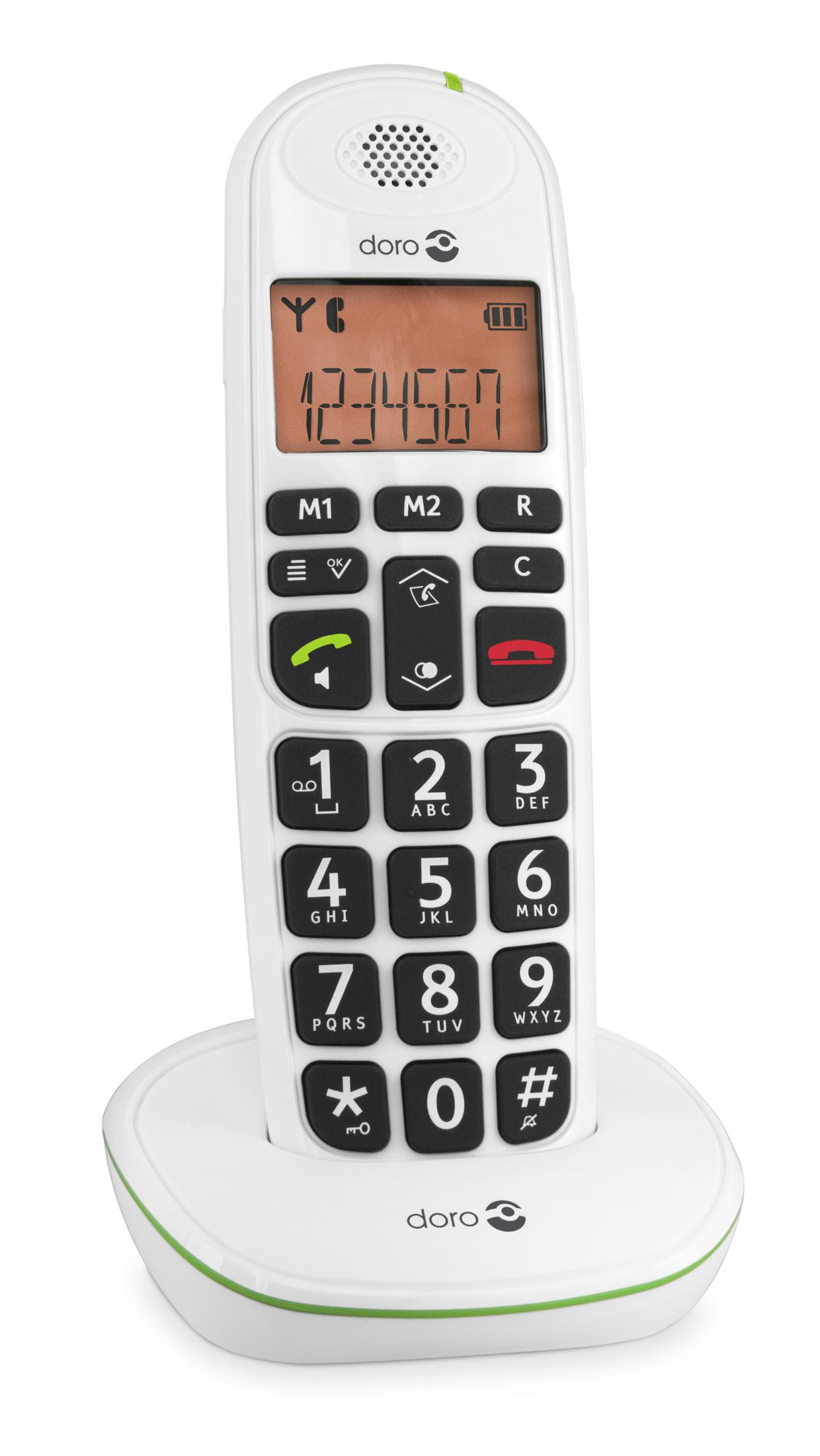 Un telefono Doro bianco con tasti grandi e uno schermo è mostrato su uno sfondo bianco.