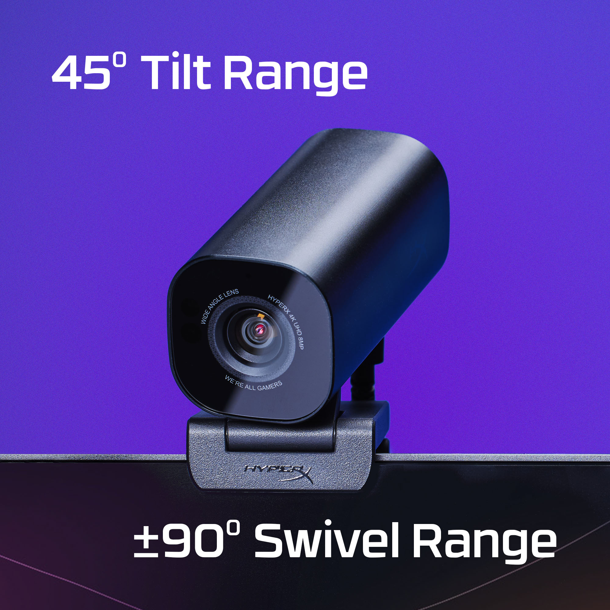 Eine schwarze HyperX-Webcam mit Textüberlagerung, die Neigungs- und Schwenkbereiche angibt, vor einem violetten Hintergrund.