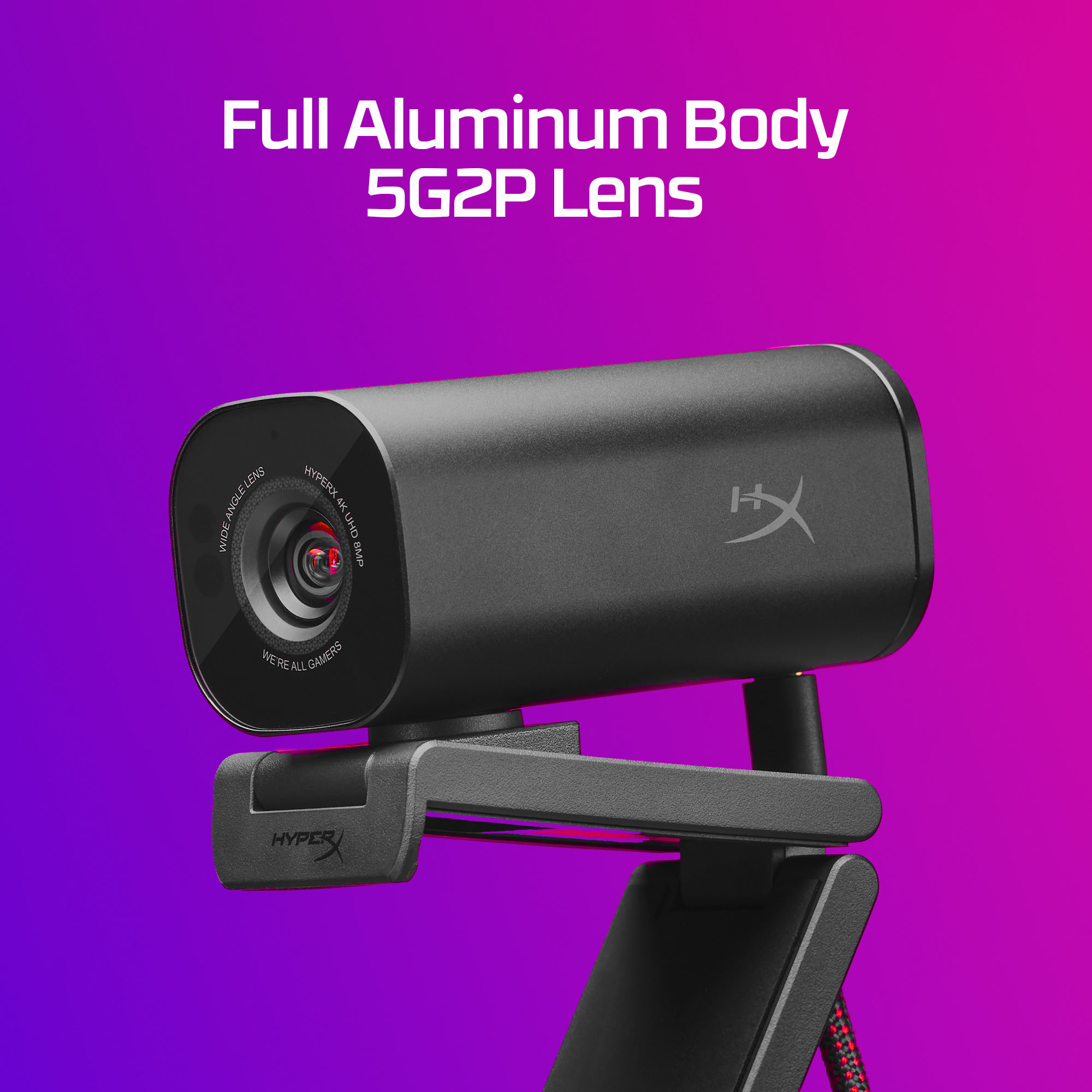 Eine schwarze HyperX-Webcam mit Textüberlagerung, die Funktionen angibt, vor einem abgestuften violetten Hintergrund.