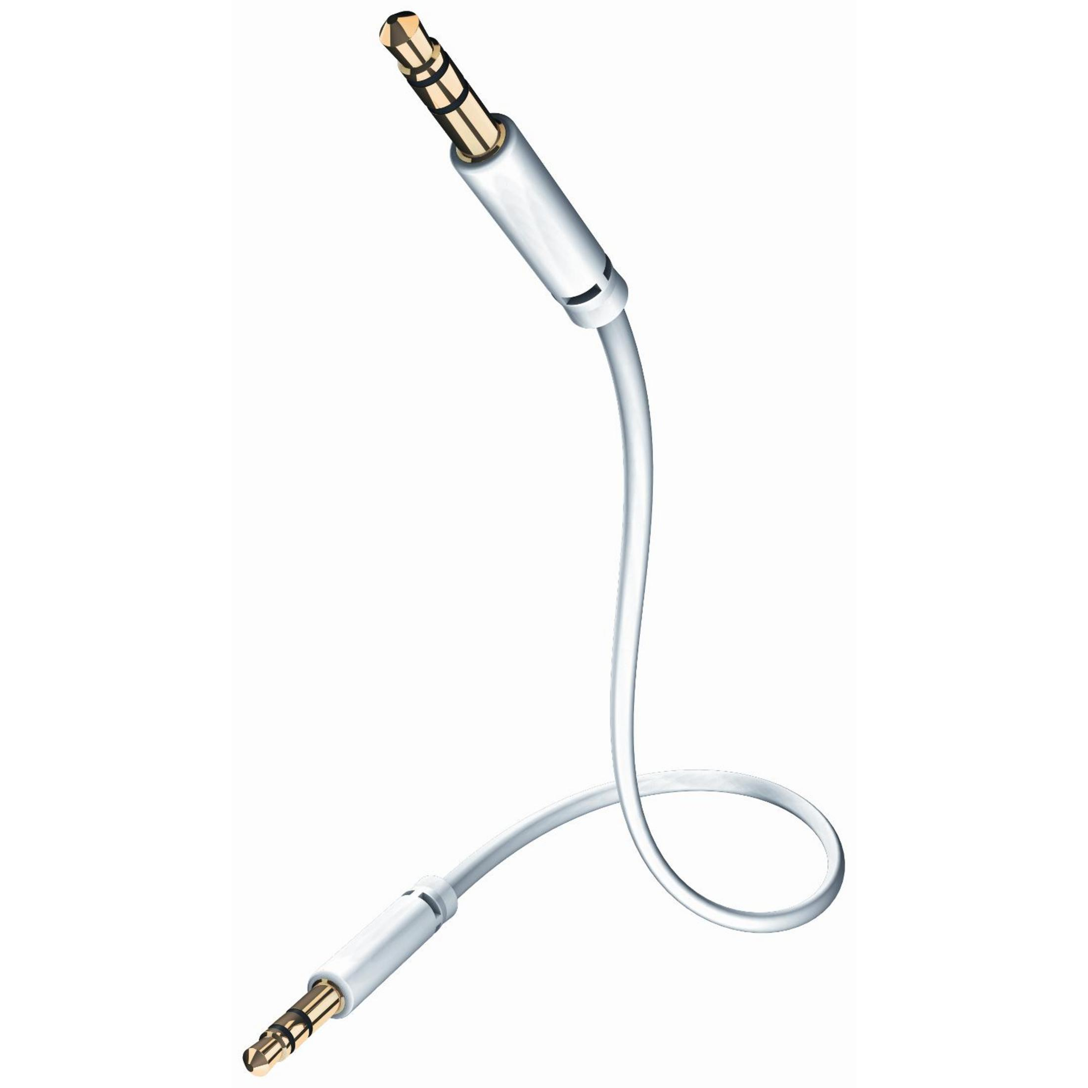 Ein weißes Audiokabel mit vergoldeten Anschlüssen auf einem weißen Hintergrund.