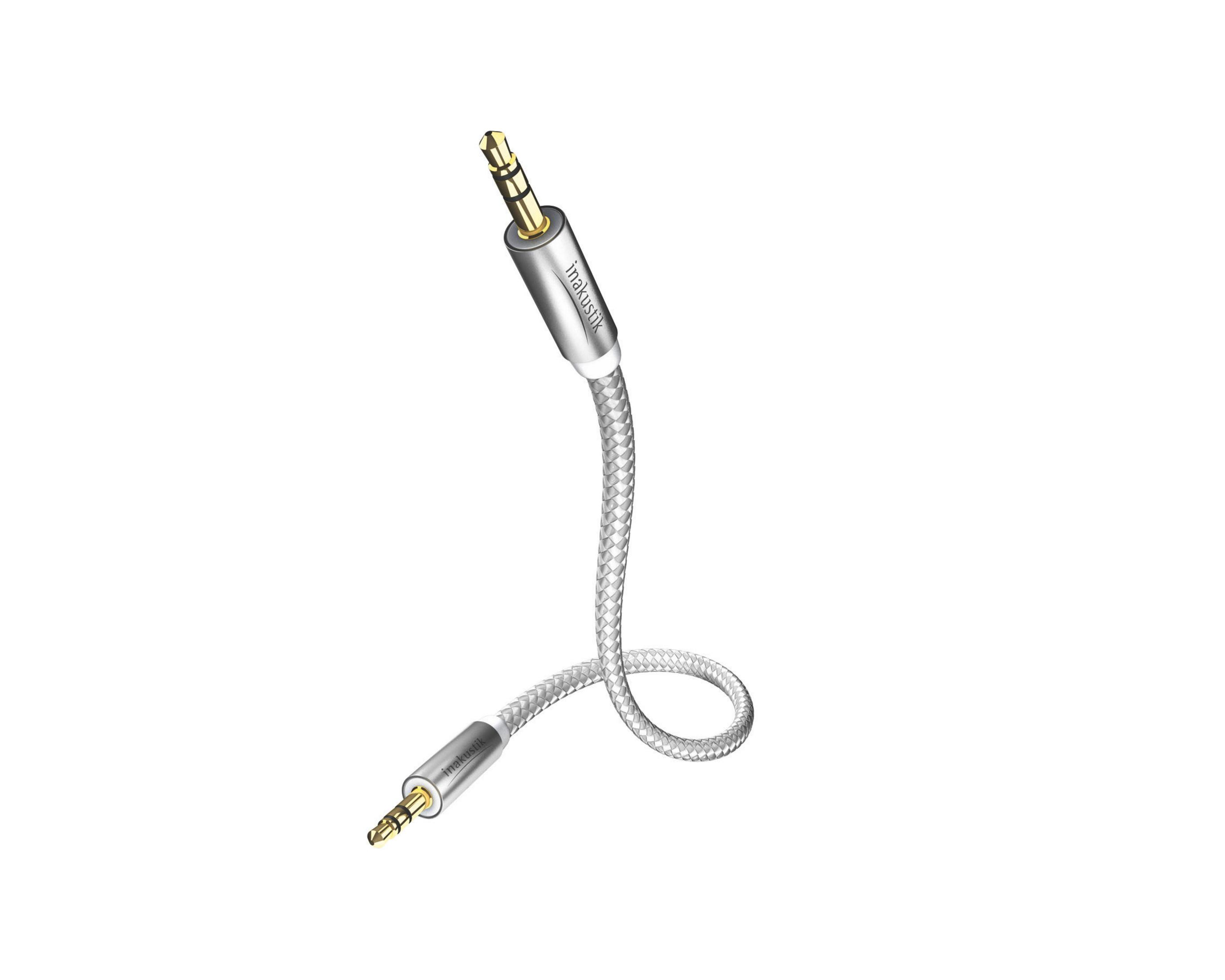 Ein silbernes Audiokabel mit goldenen Anschlüssen an jedem Ende, gebogen vor einem weißen Hintergrund.