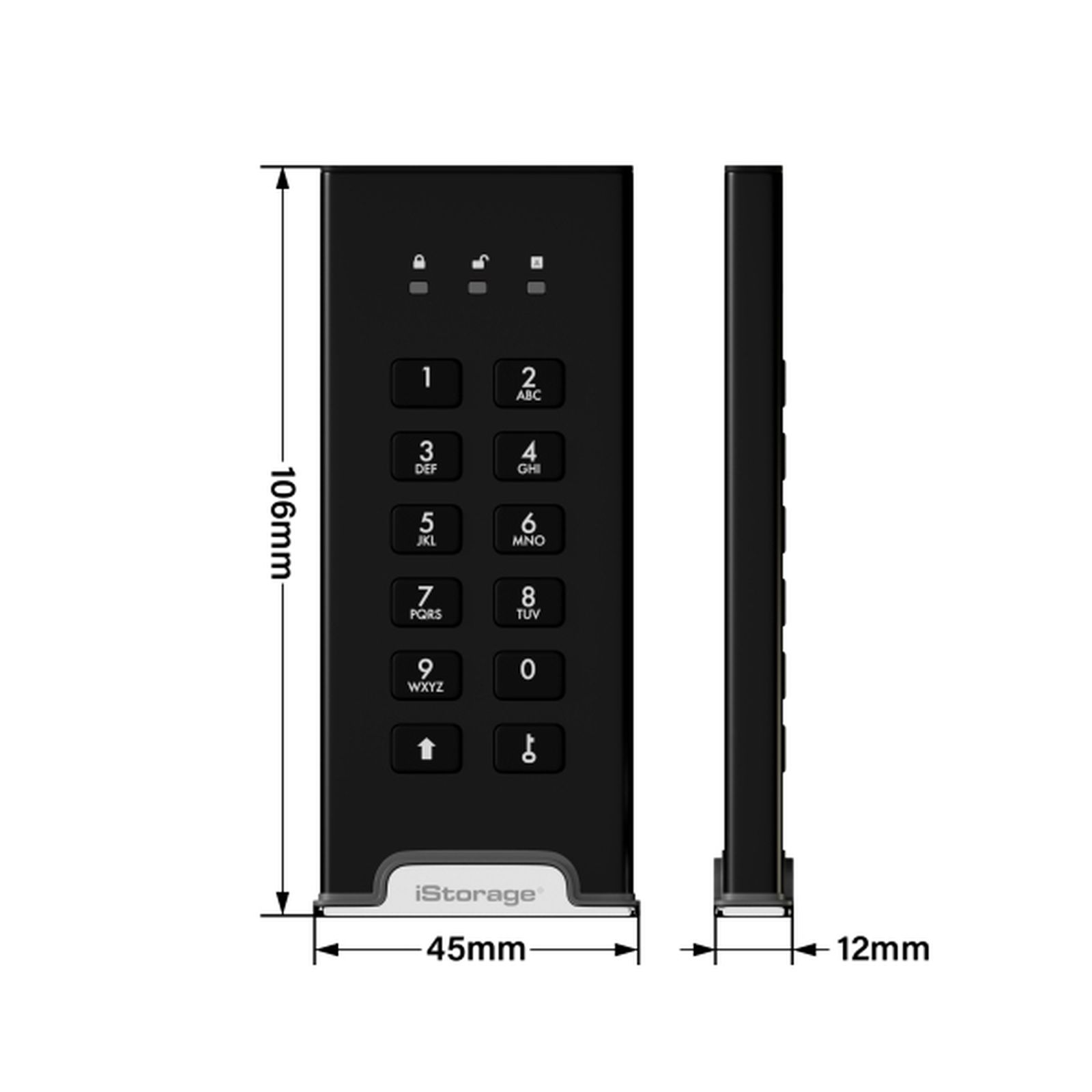 Eine schwarze Festplatte mit einer Tastatur und Seitenansichtsabmessungen auf einem weißen Hintergrund.
