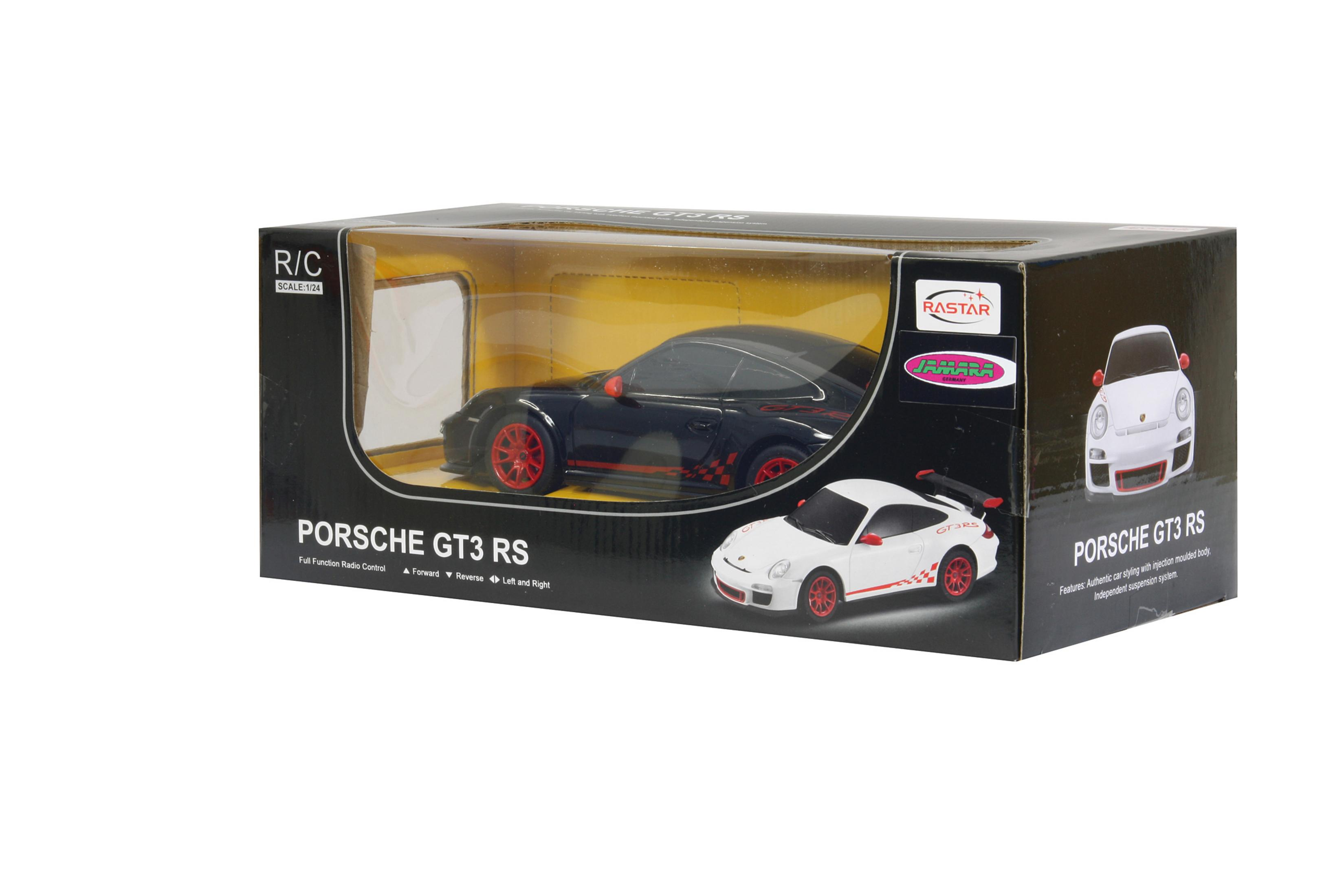Verpacktes Porsche GT3 RS Spielzeugauto, schwarz mit roten Akzenten.