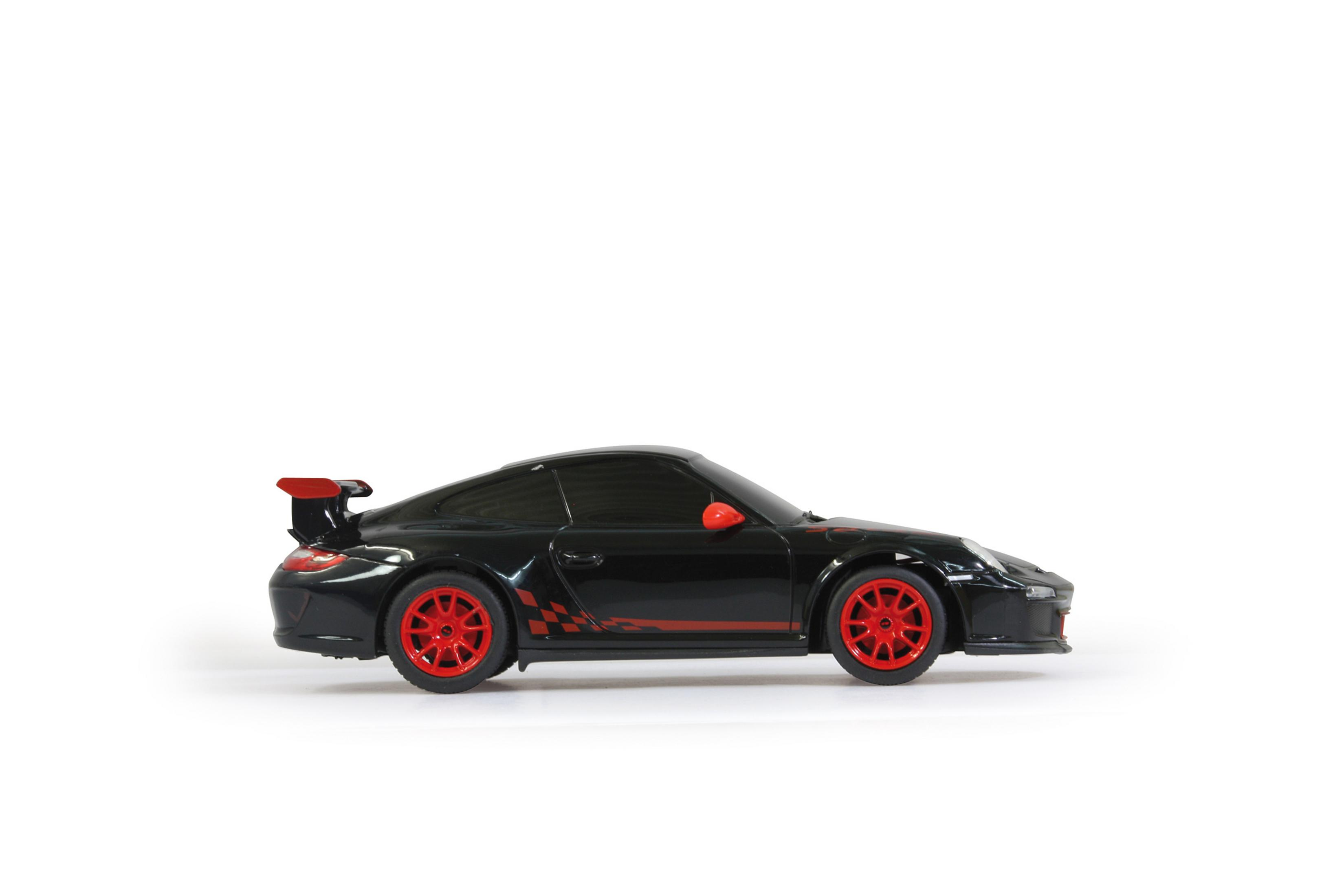 Schwarzes Porsche-Spielzeugauto mit roten Rädern, Seitenansicht.