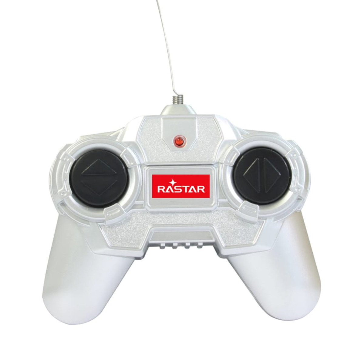 Silberne Rastar-Fernbedienung mit schwarzen Joysticks.