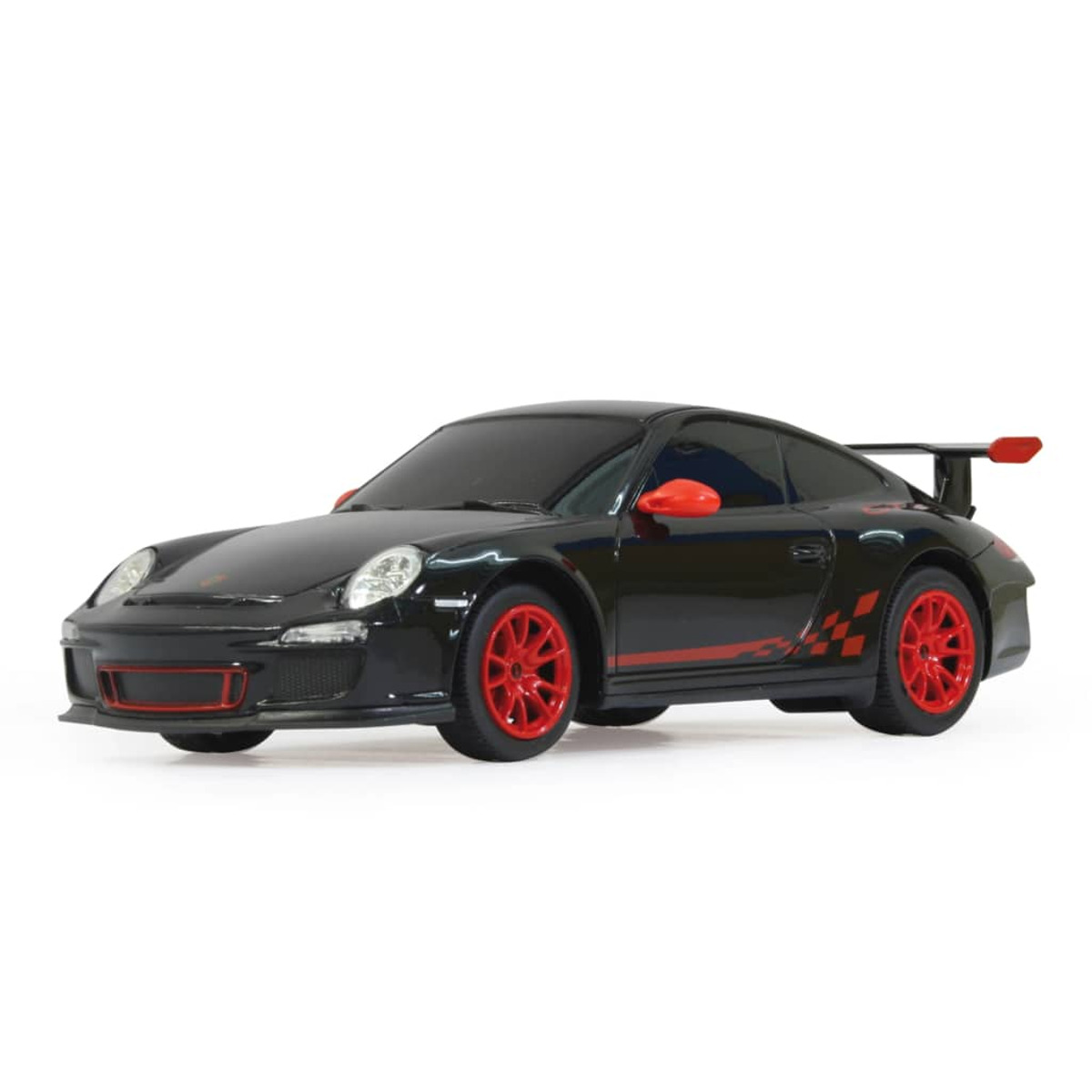 Ein schwarzes Porsche-Spielzeugauto mit roten Akzenten, einschließlich Rädern und Streifen, steht auf einem weißen Hintergrund.