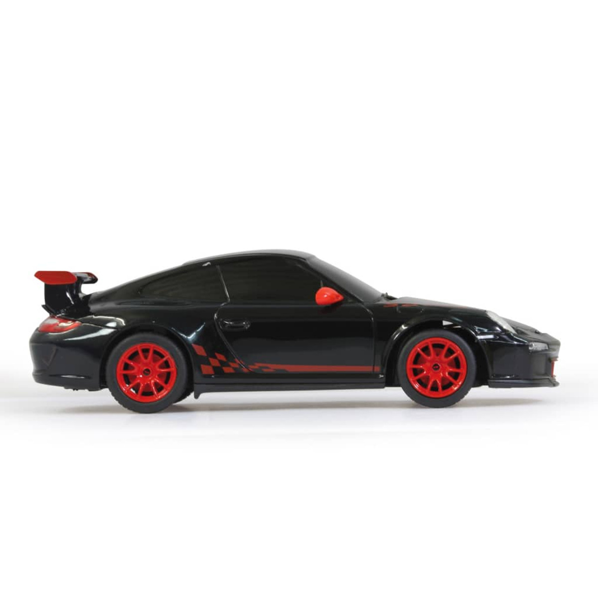 Seitenansicht eines schwarzen Porsche-Spielzeugautos mit roten Rädern und Streifen vor einem schlichten weißen Hintergrund.