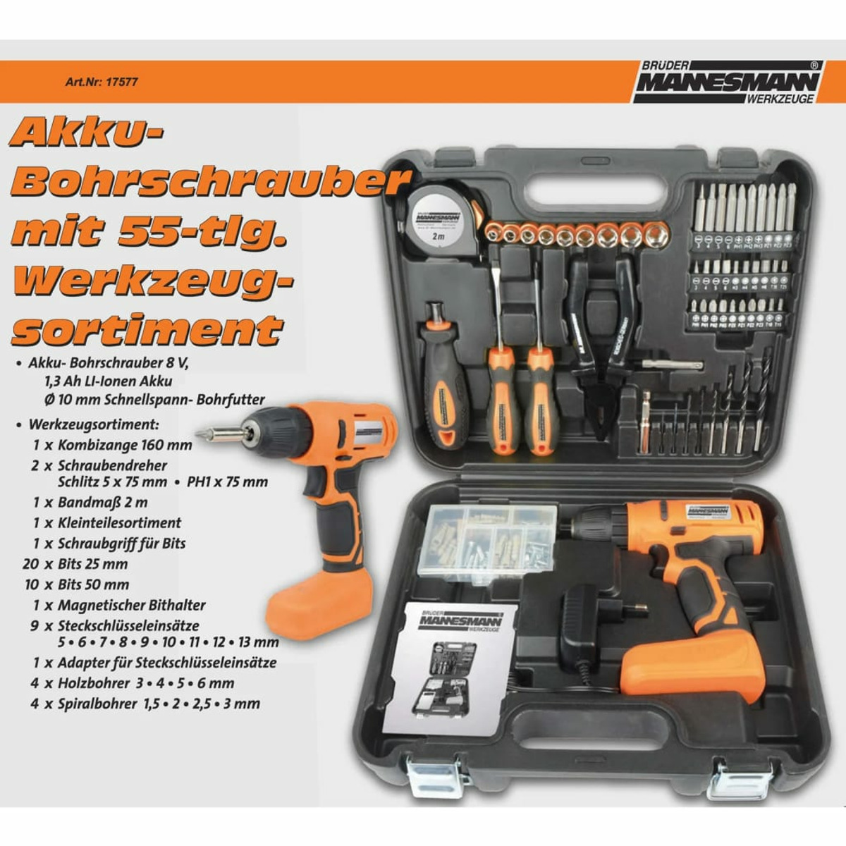 Ein geöffneter Werkzeugkasten mit einem Bohrer, Schraubendrehern und Bits auf einem weißen Hintergrund.