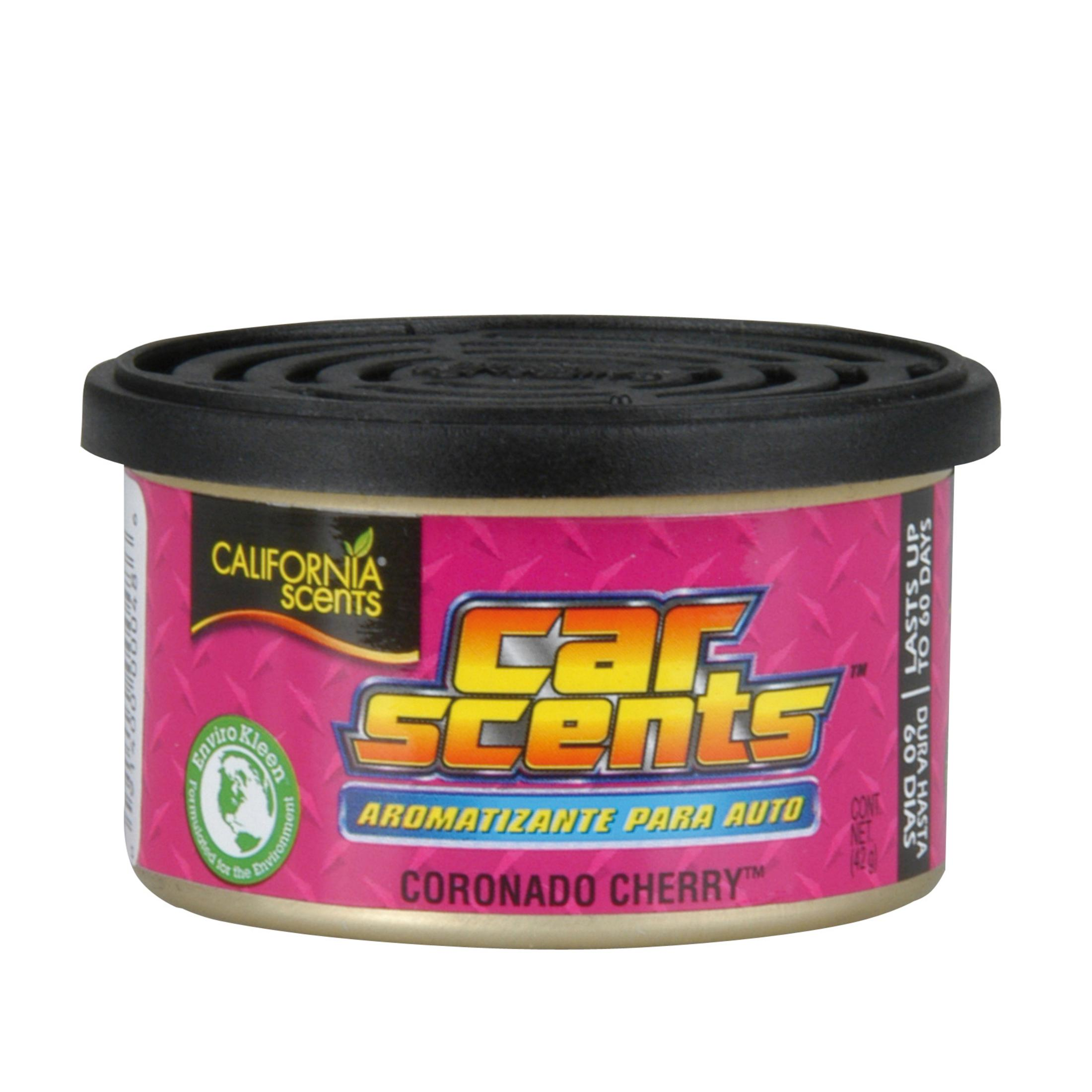 Coronado Cherry Car Scents Lufterfrischer in rosa Dose mit schwarzem Deckel.